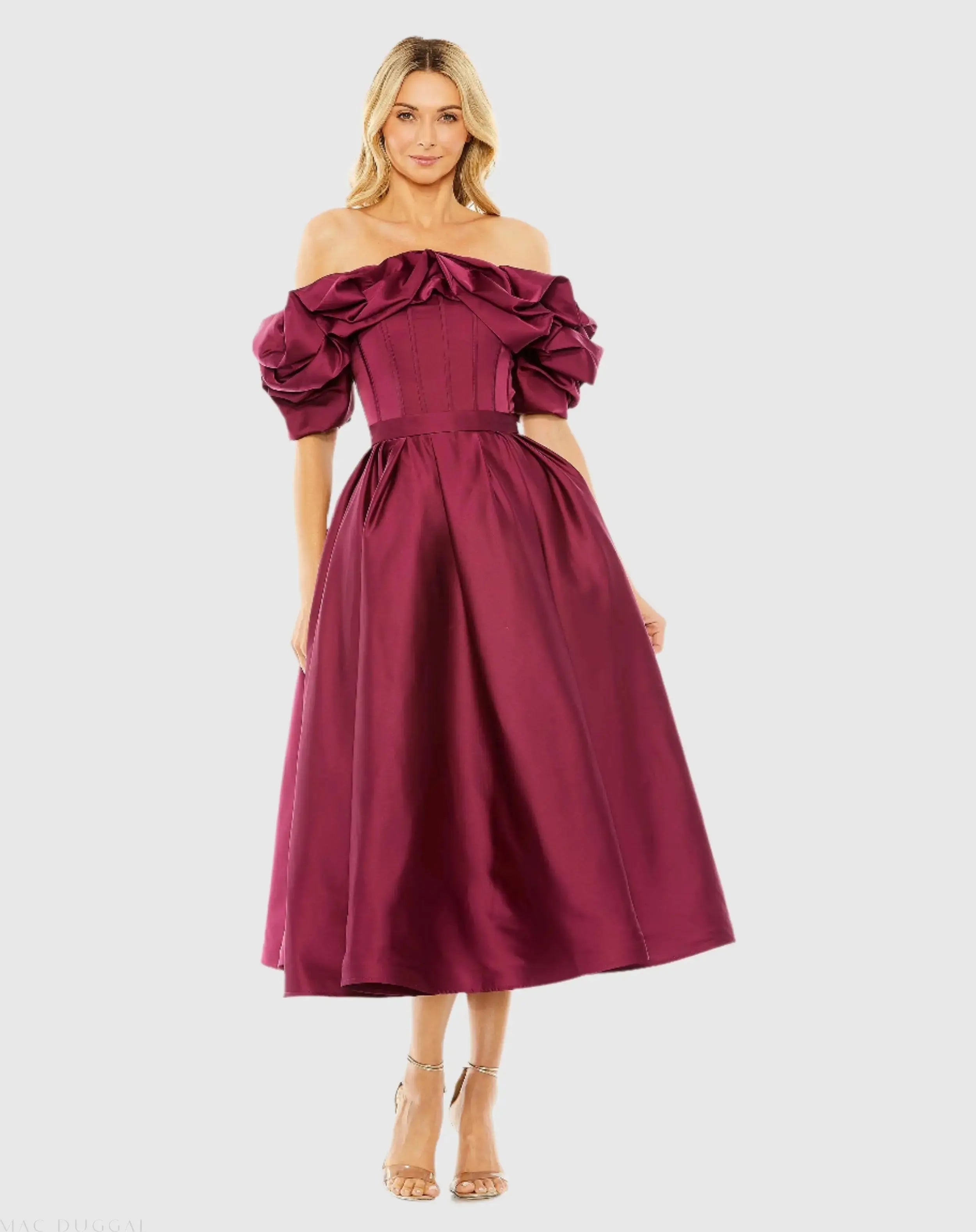 Plum Off The Shoulder Tea Length Dress-Myartka
