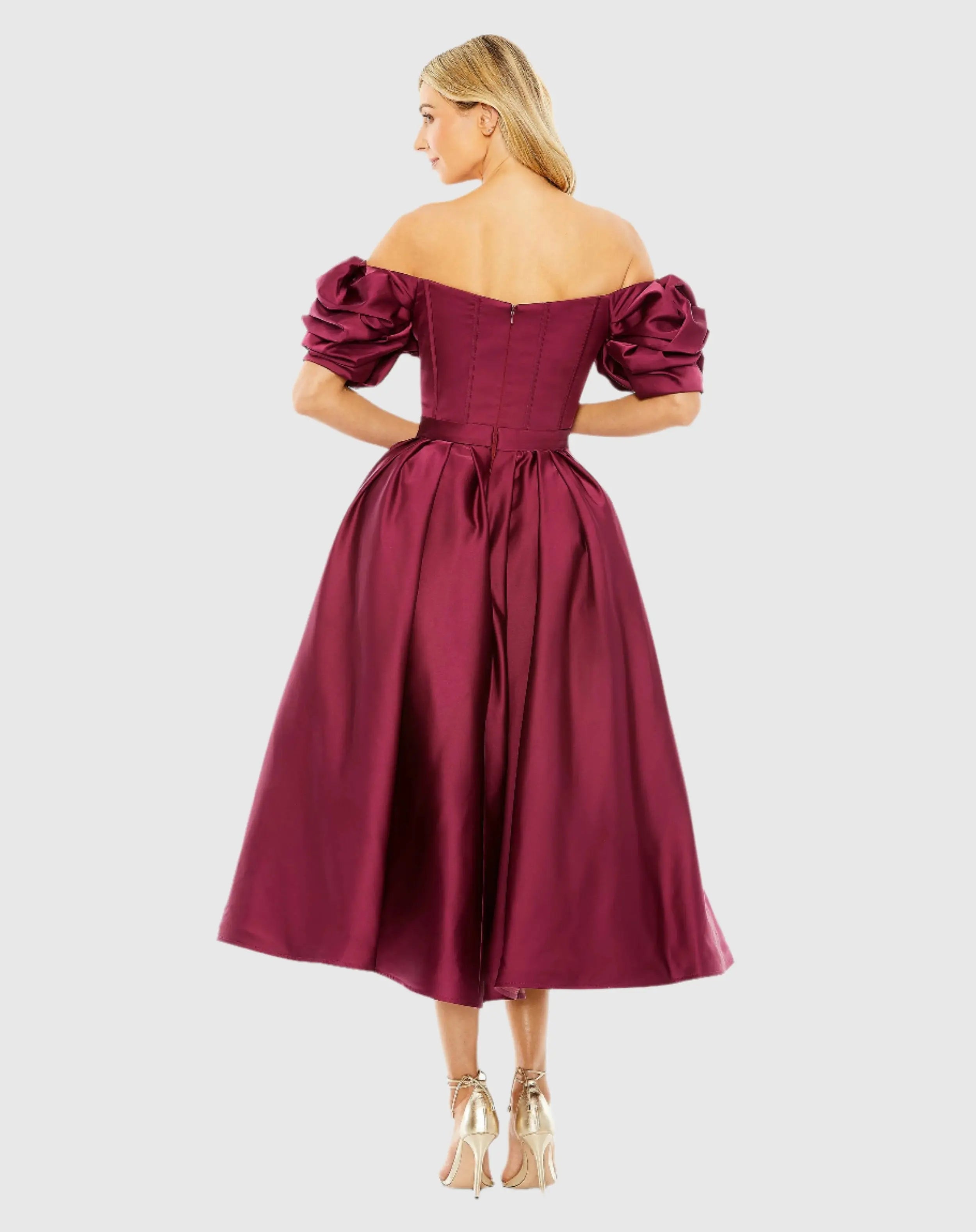 Plum Off The Shoulder Tea Length Dress-Myartka