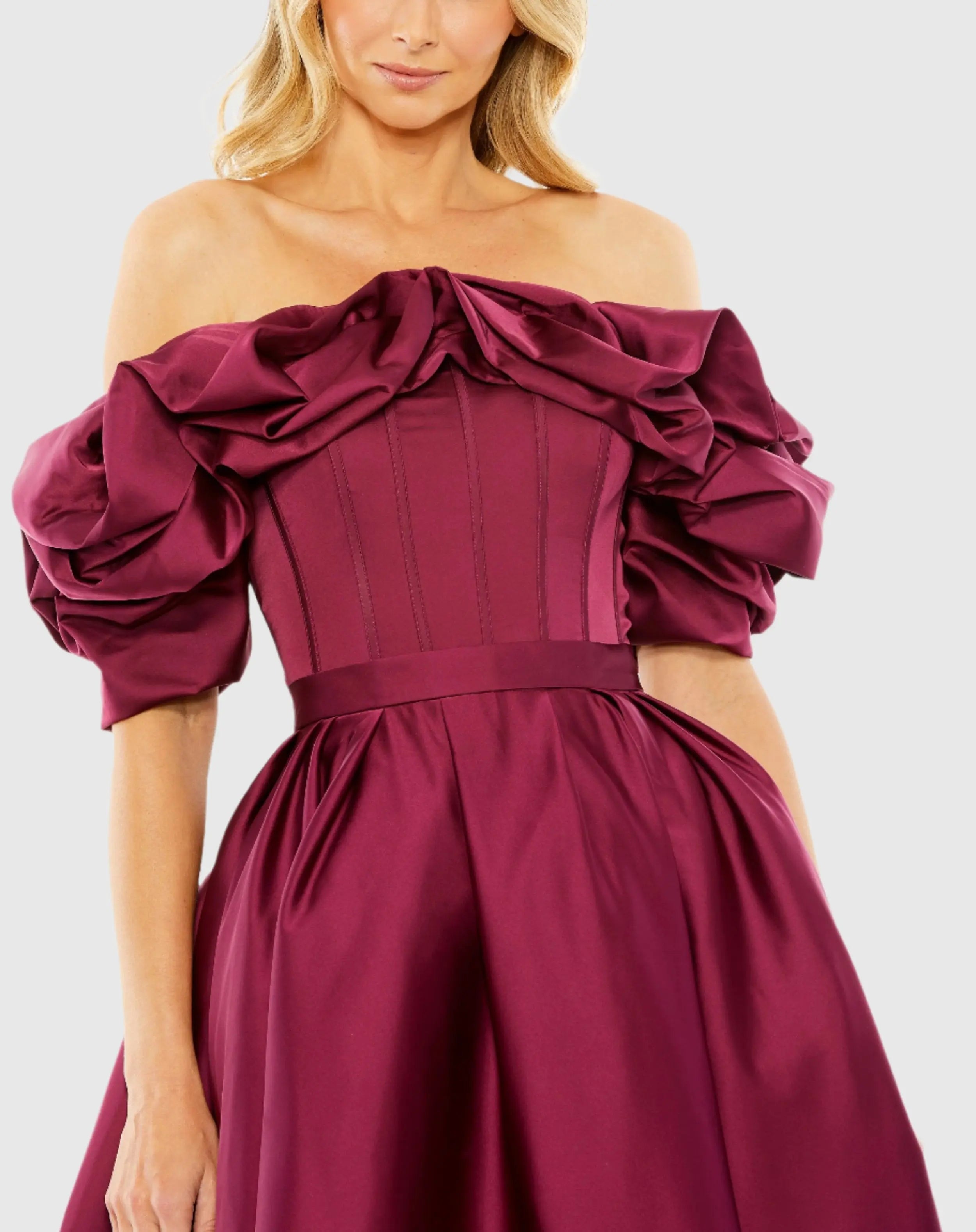Plum Off The Shoulder Tea Length Dress-Myartka