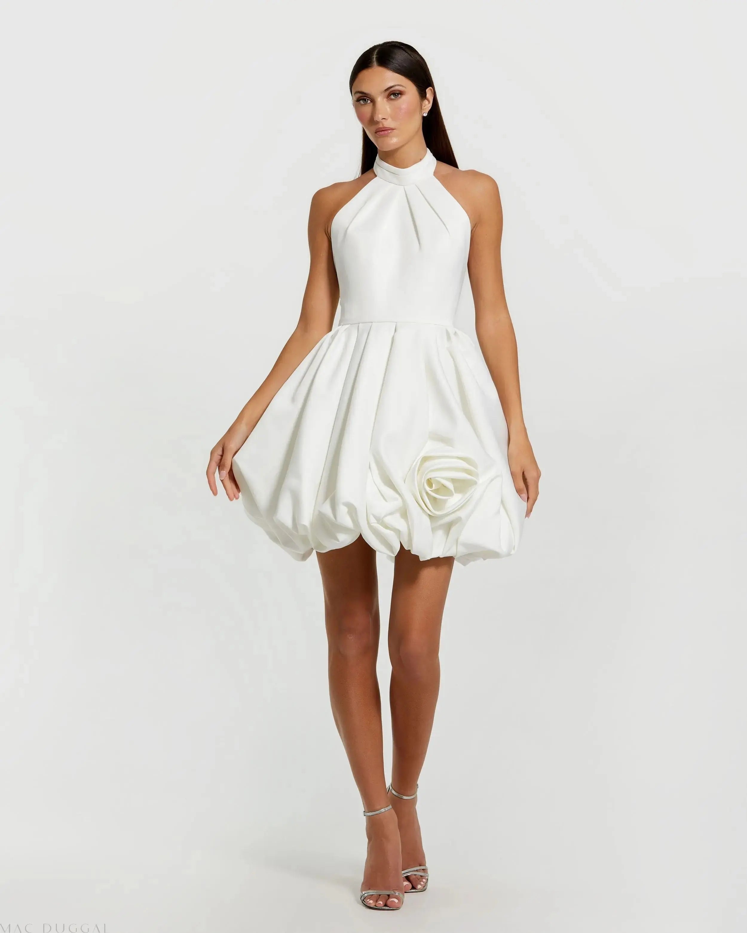 White Halter Neck Bubble Hem Satin Mini Dress-Myartka