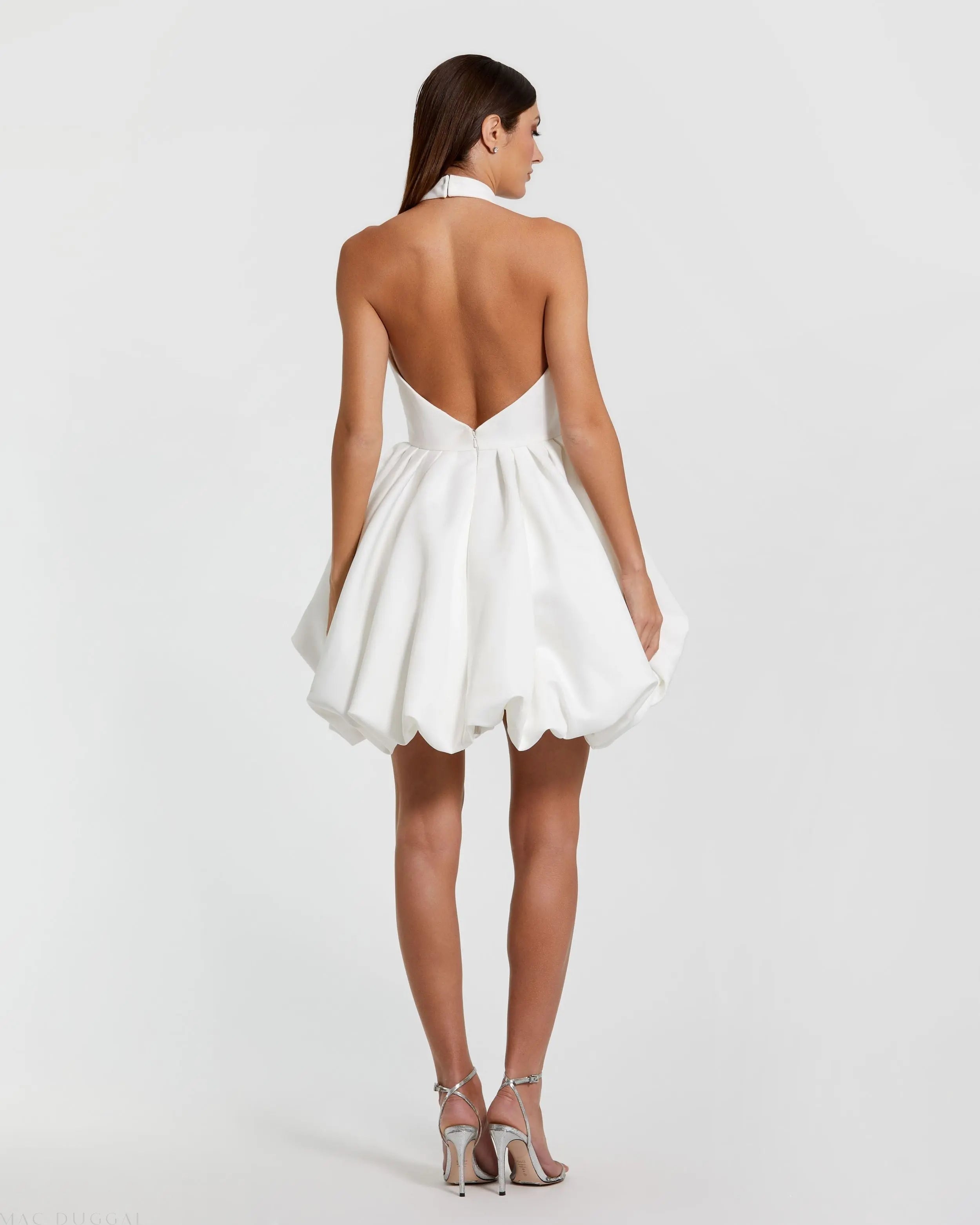 White Halter Neck Bubble Hem Satin Mini Dress-Myartka