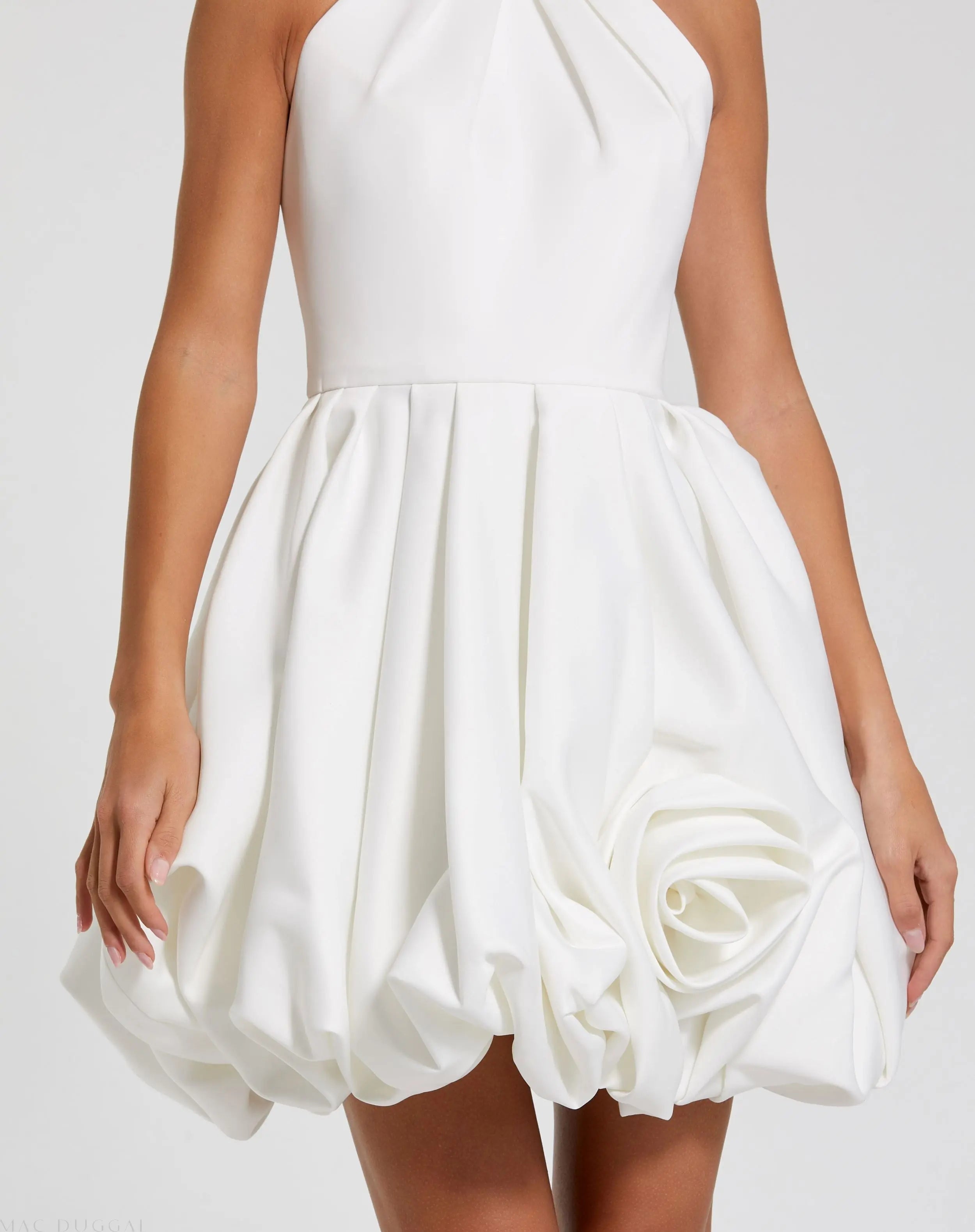 White Halter Neck Bubble Hem Satin Mini Dress-Myartka
