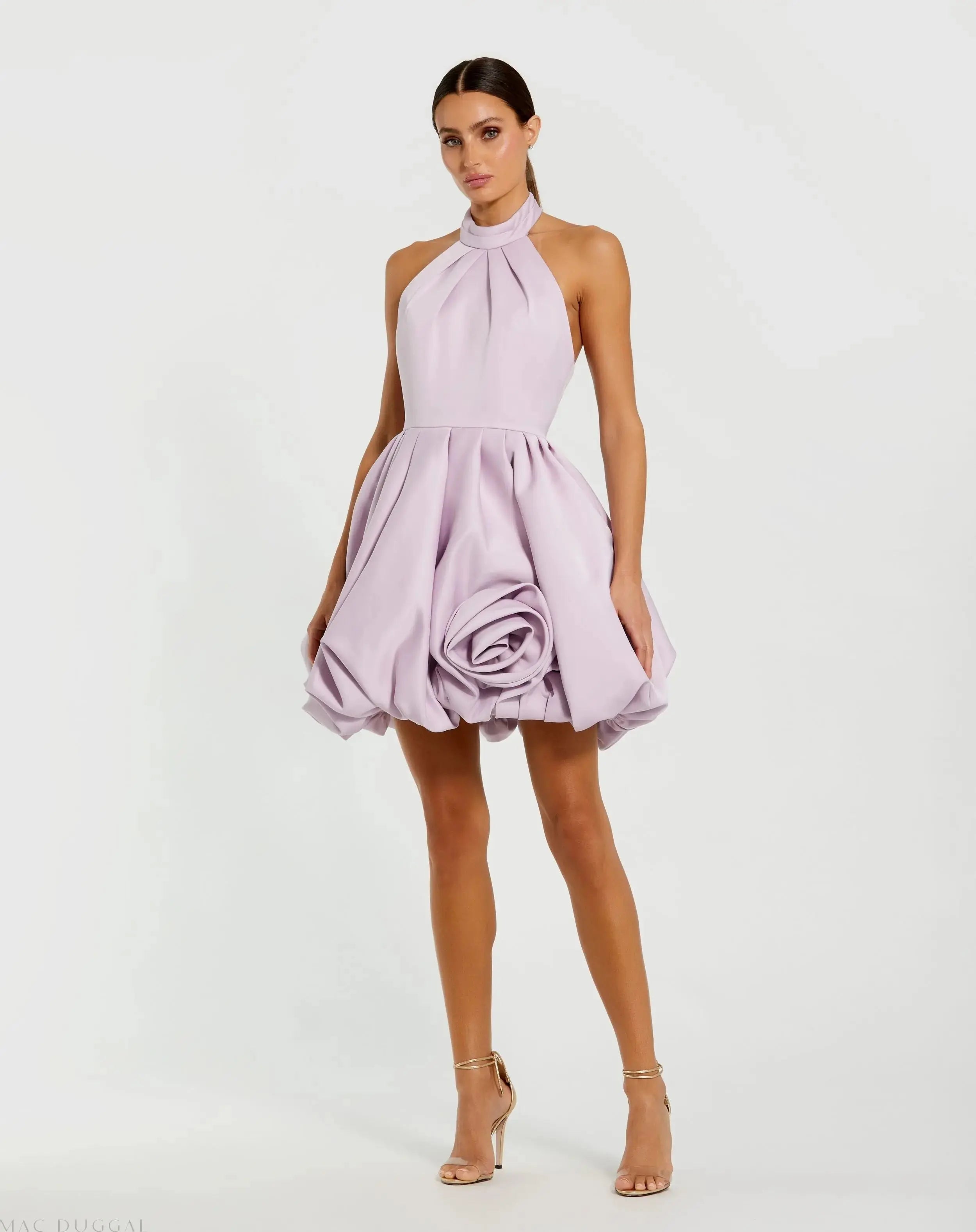Purple Halter Neck Bubble Hem Satin Mini Dress-Myartka