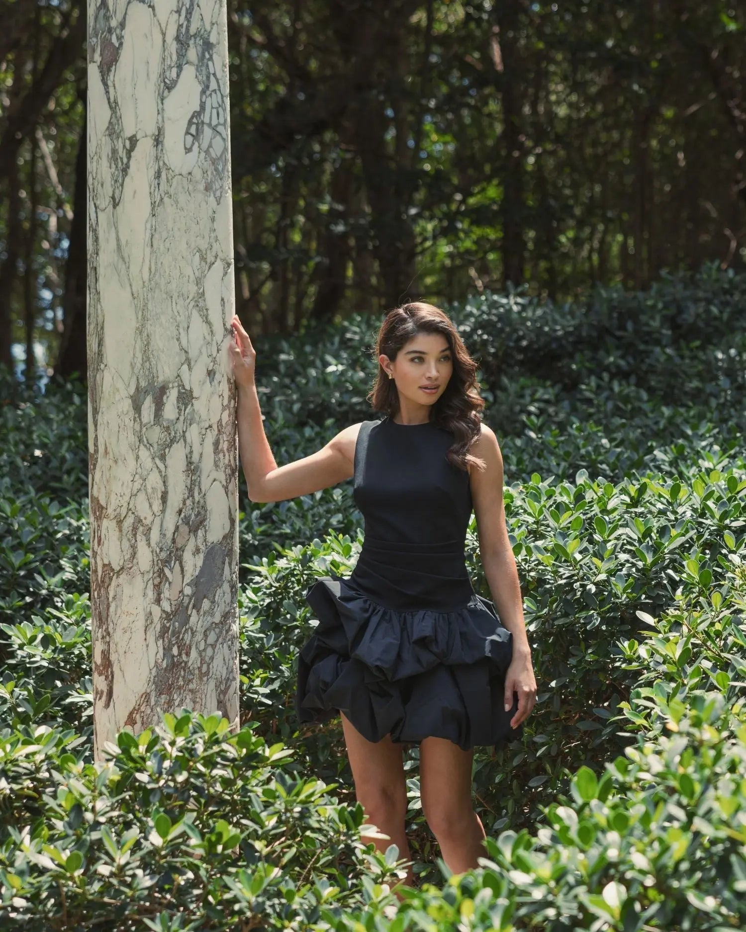 Black Sleeveless Crepe Bubble Skirt Mini Dress-Myartka