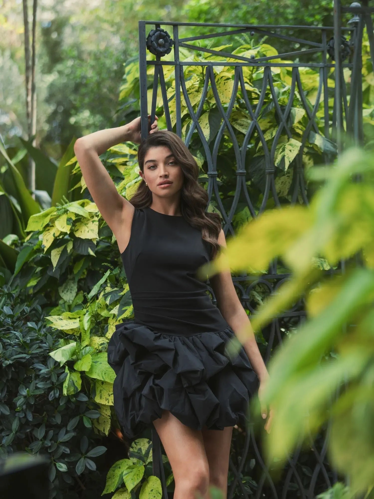 Black Sleeveless Crepe Bubble Skirt Mini Dress-Myartka