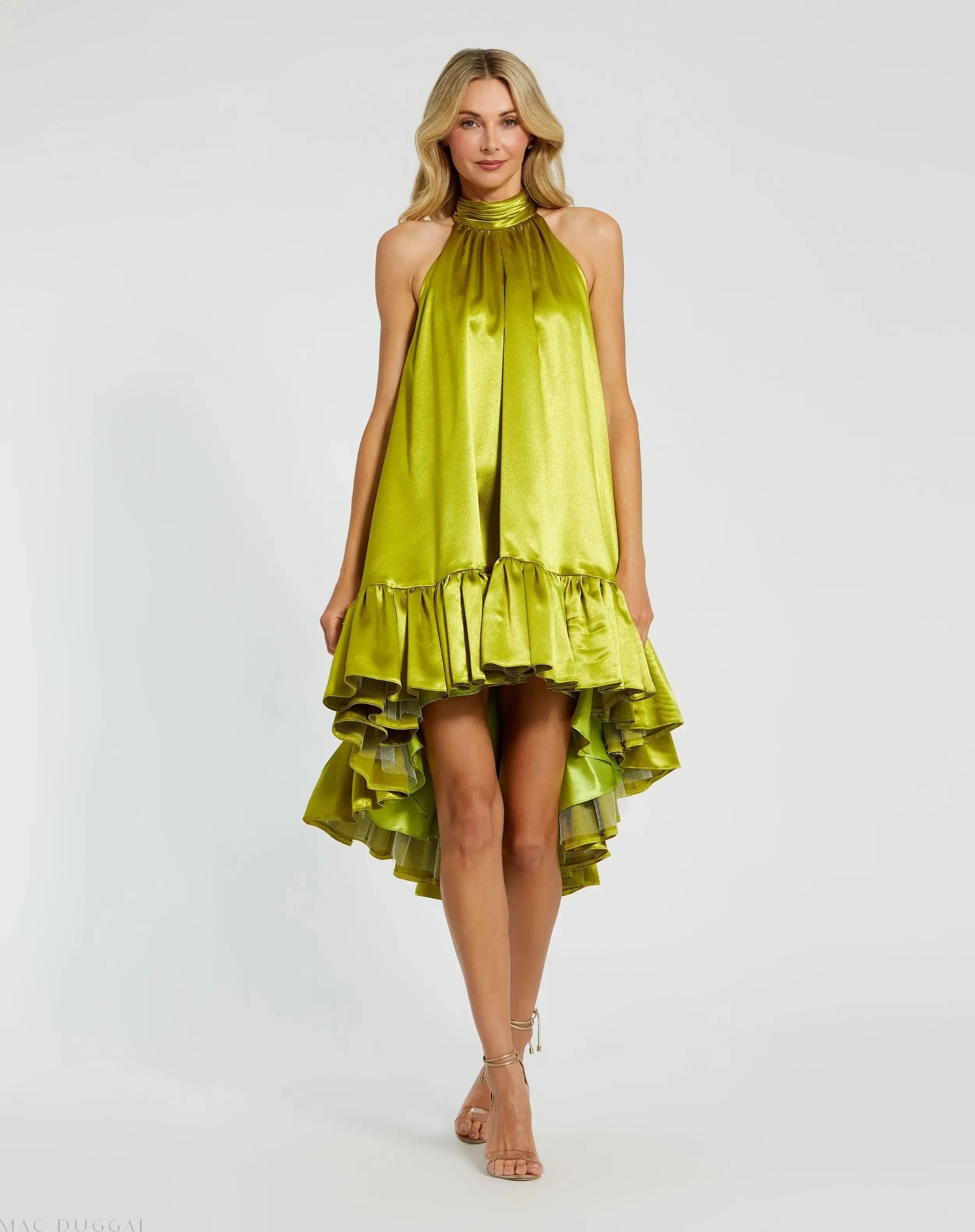 Green High Neck Satin Mini Dress With Keyhole-Myartka