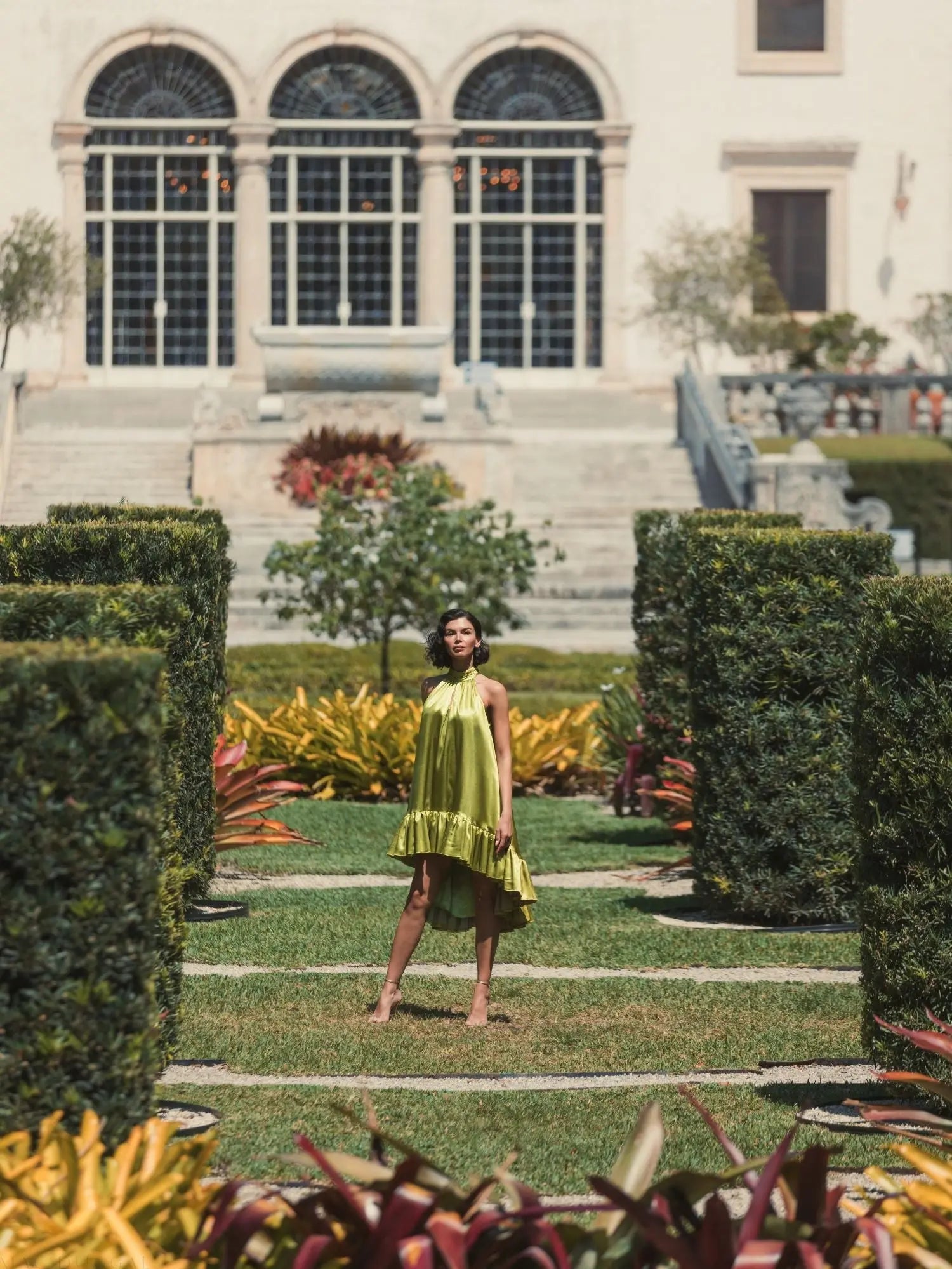 Green High Neck Satin Mini Dress With Keyhole-Myartka