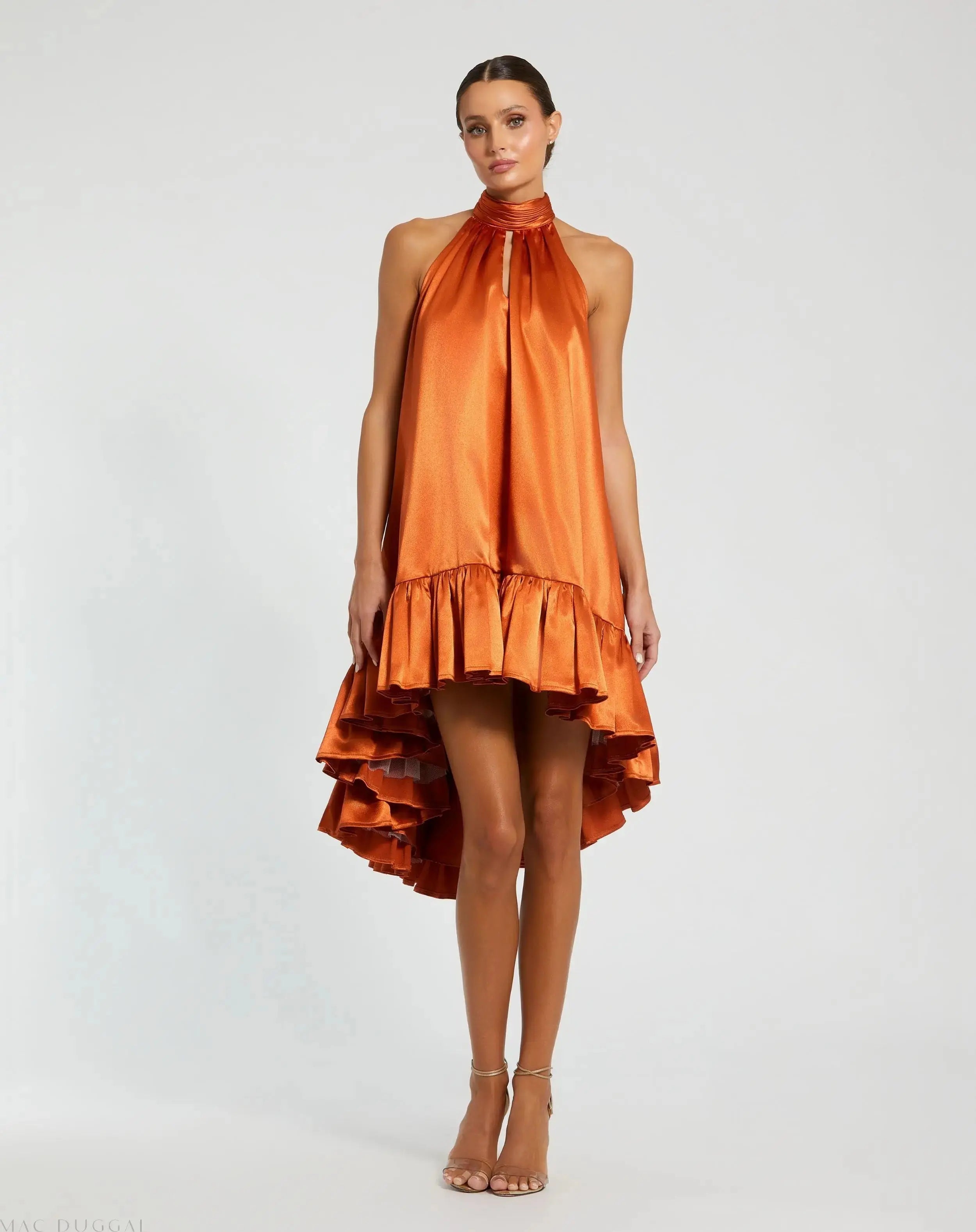 Orange High Neck Satin Mini Dress With Keyhole-Myartka