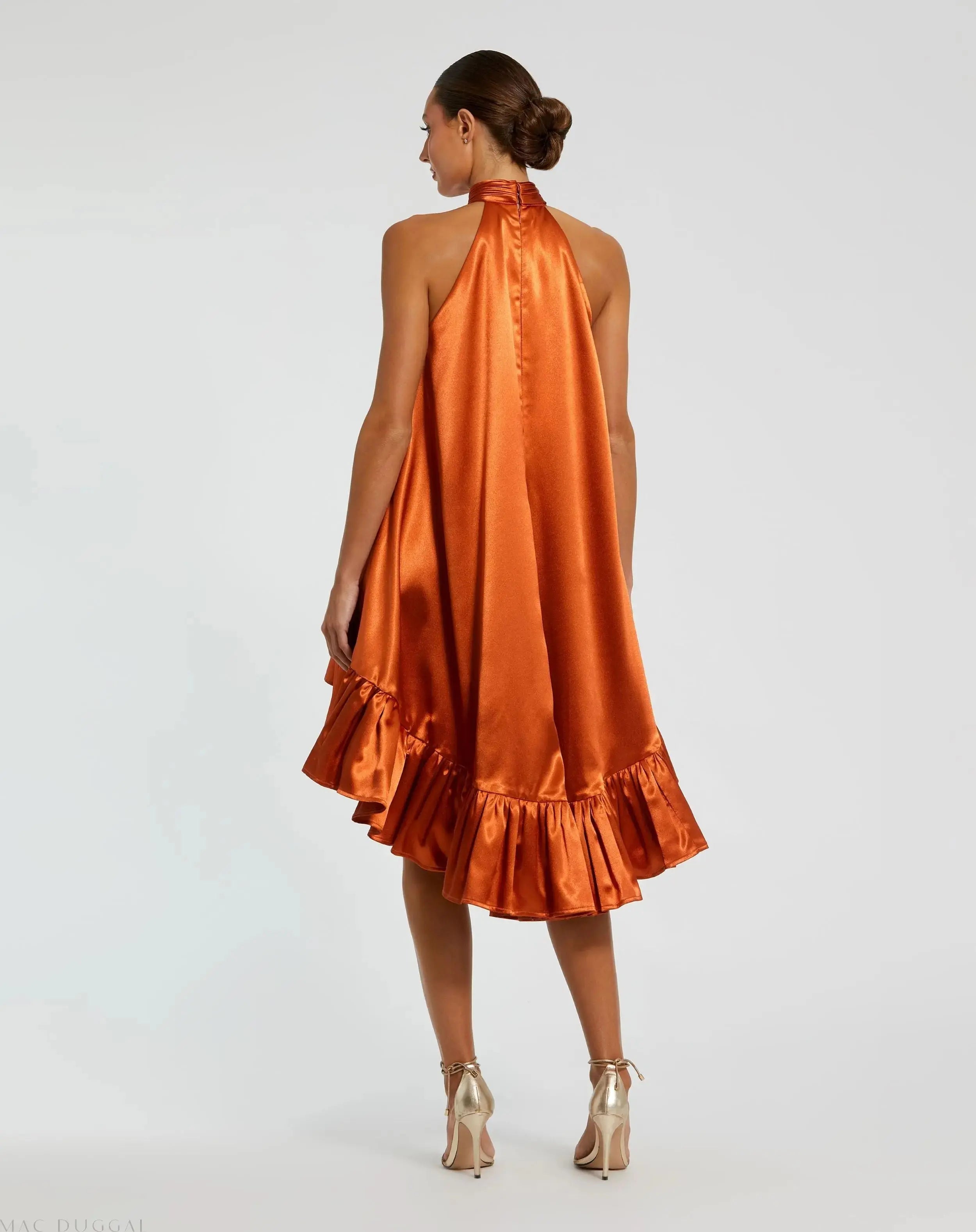 Orange High Neck Satin Mini Dress With Keyhole-Myartka