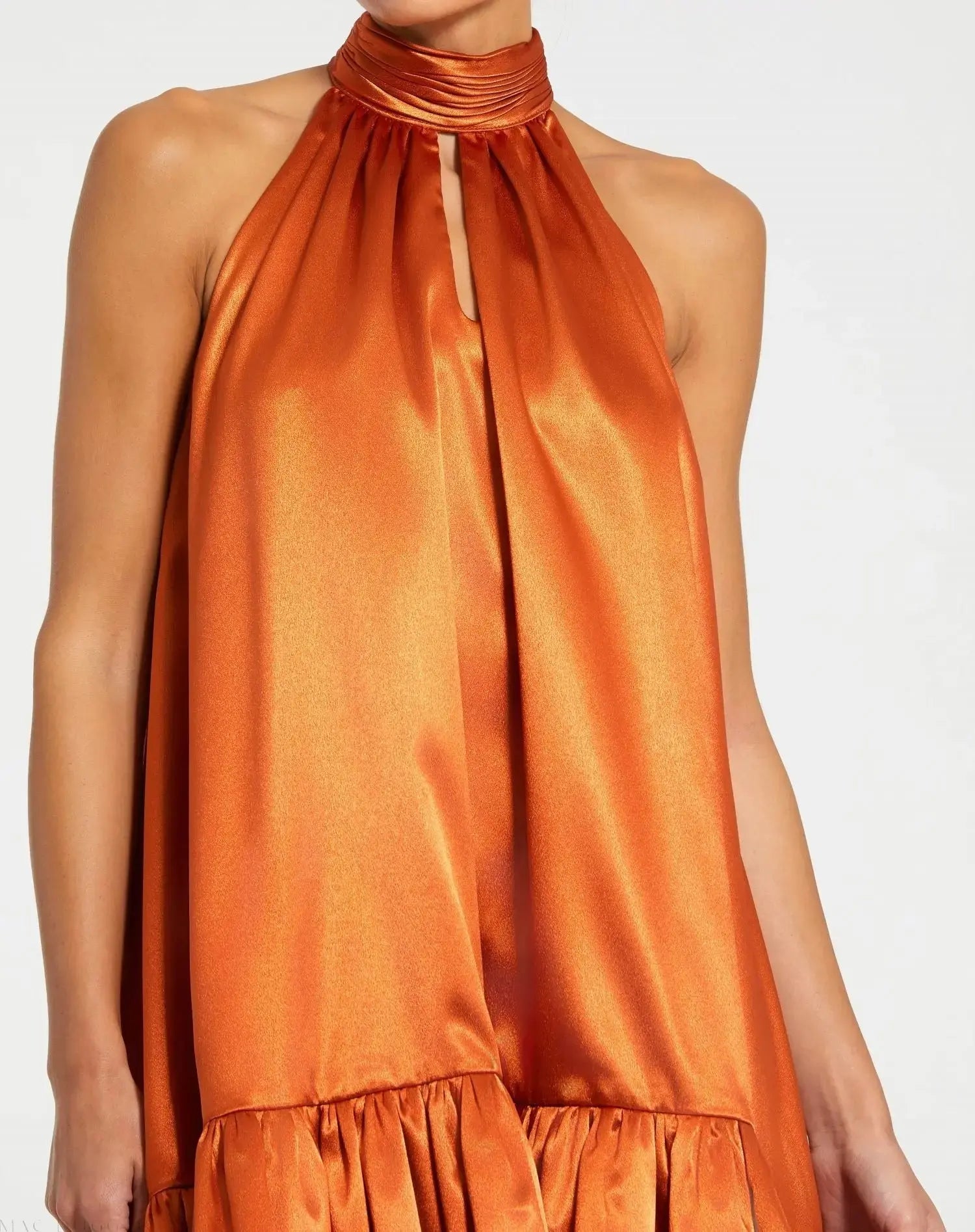 Orange High Neck Satin Mini Dress With Keyhole-Myartka