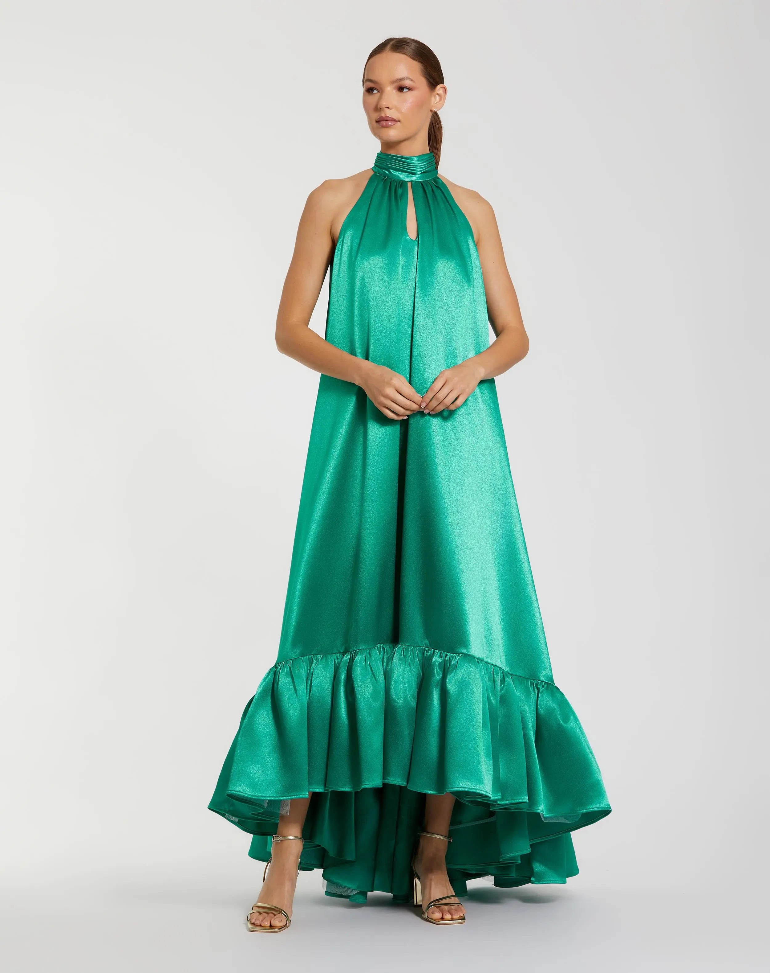 Green Sleeveless Halter Neck Keyhole Satin High Low Gown-Myartka