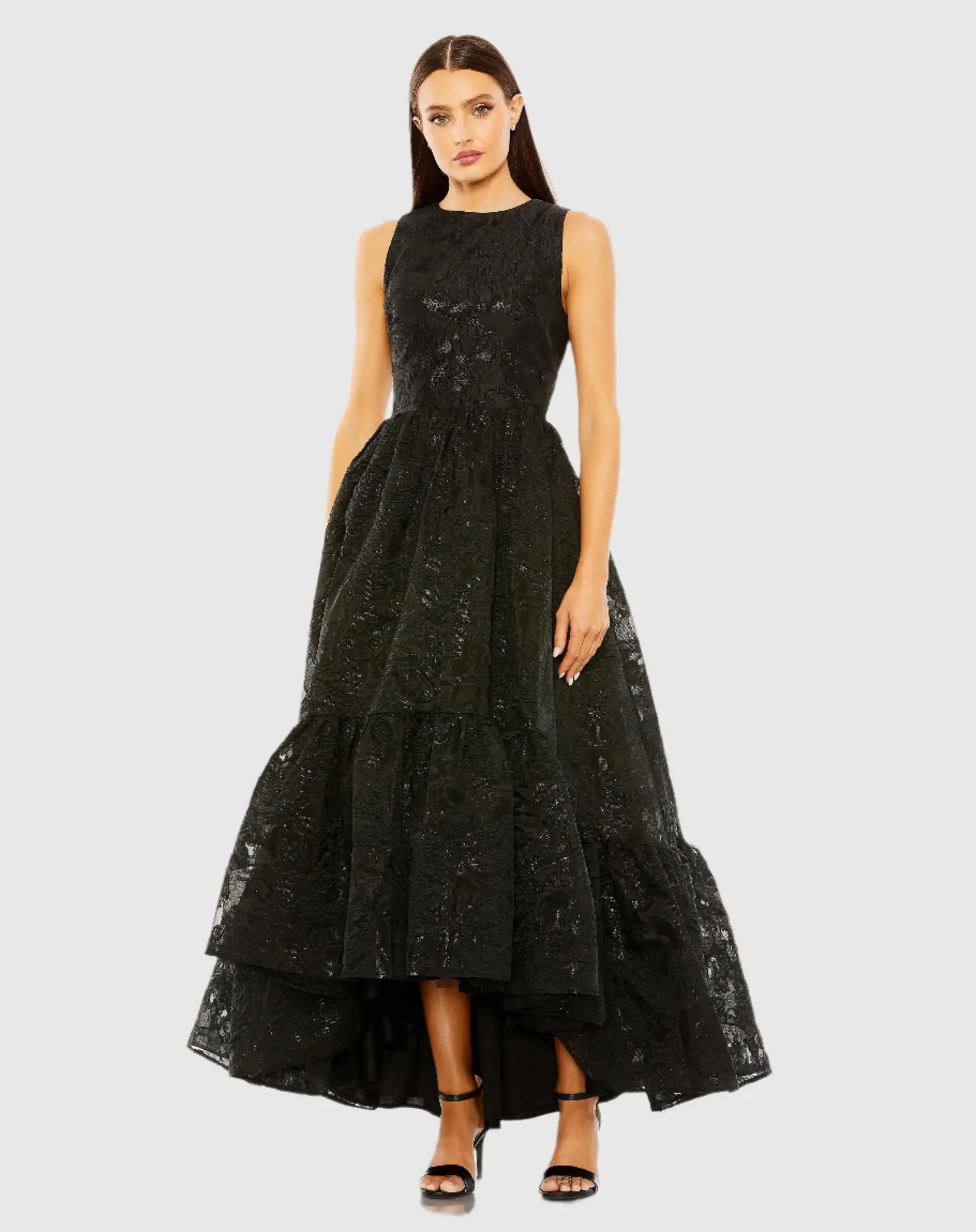 Black Sleeveless High Low Brocade Gown-Myartka