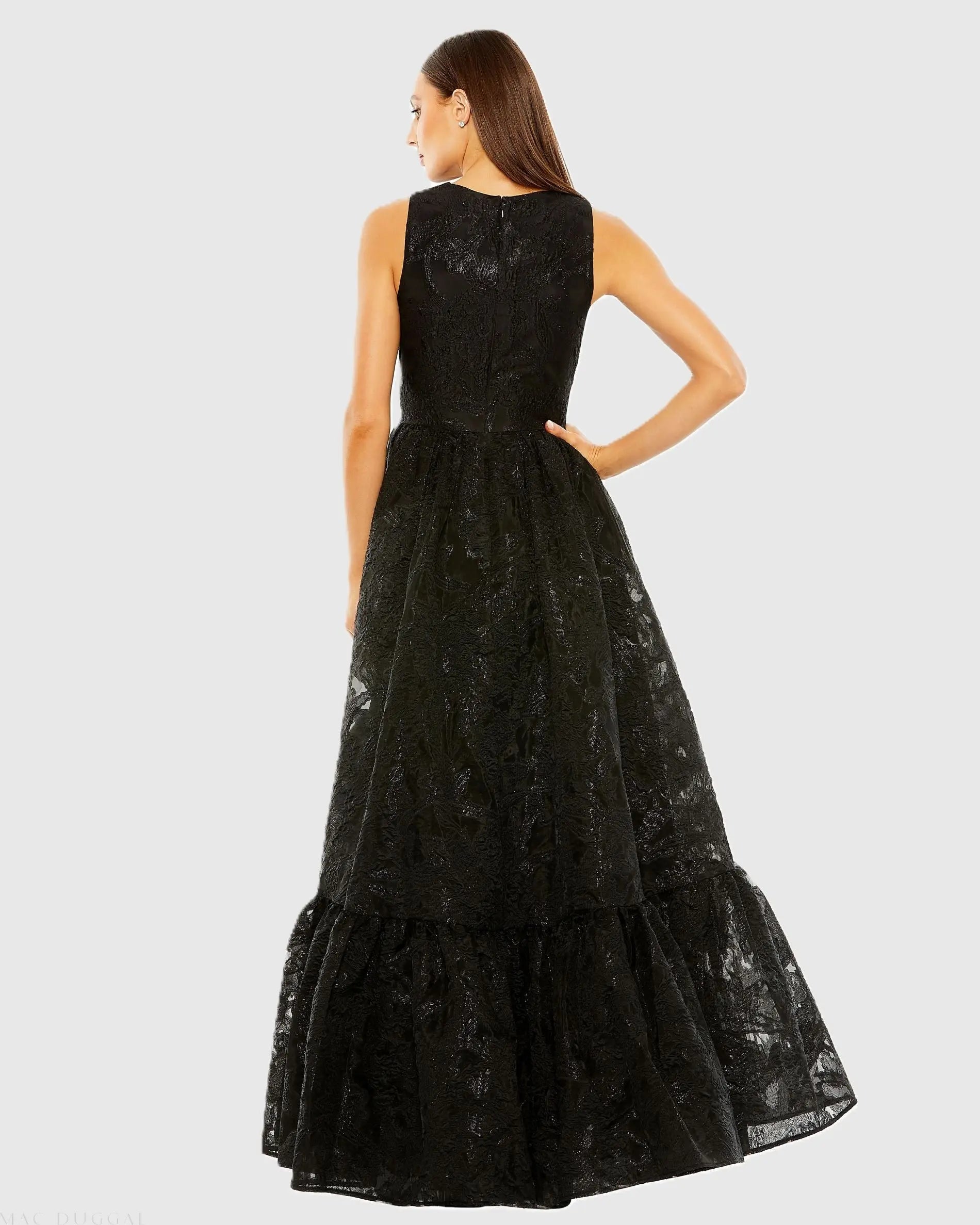 Black Sleeveless High Low Brocade Gown-Myartka