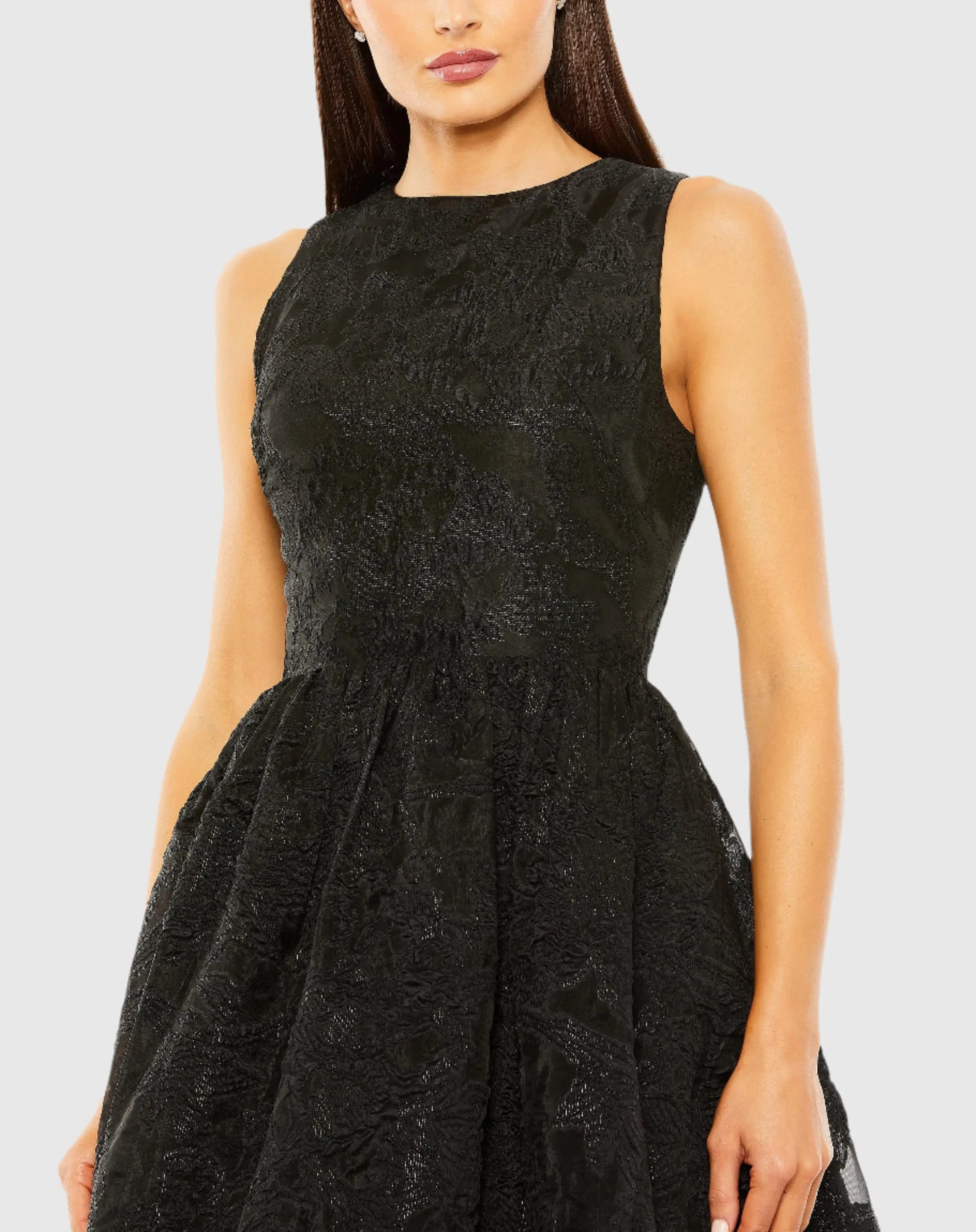Black Sleeveless High Low Brocade Gown-Myartka