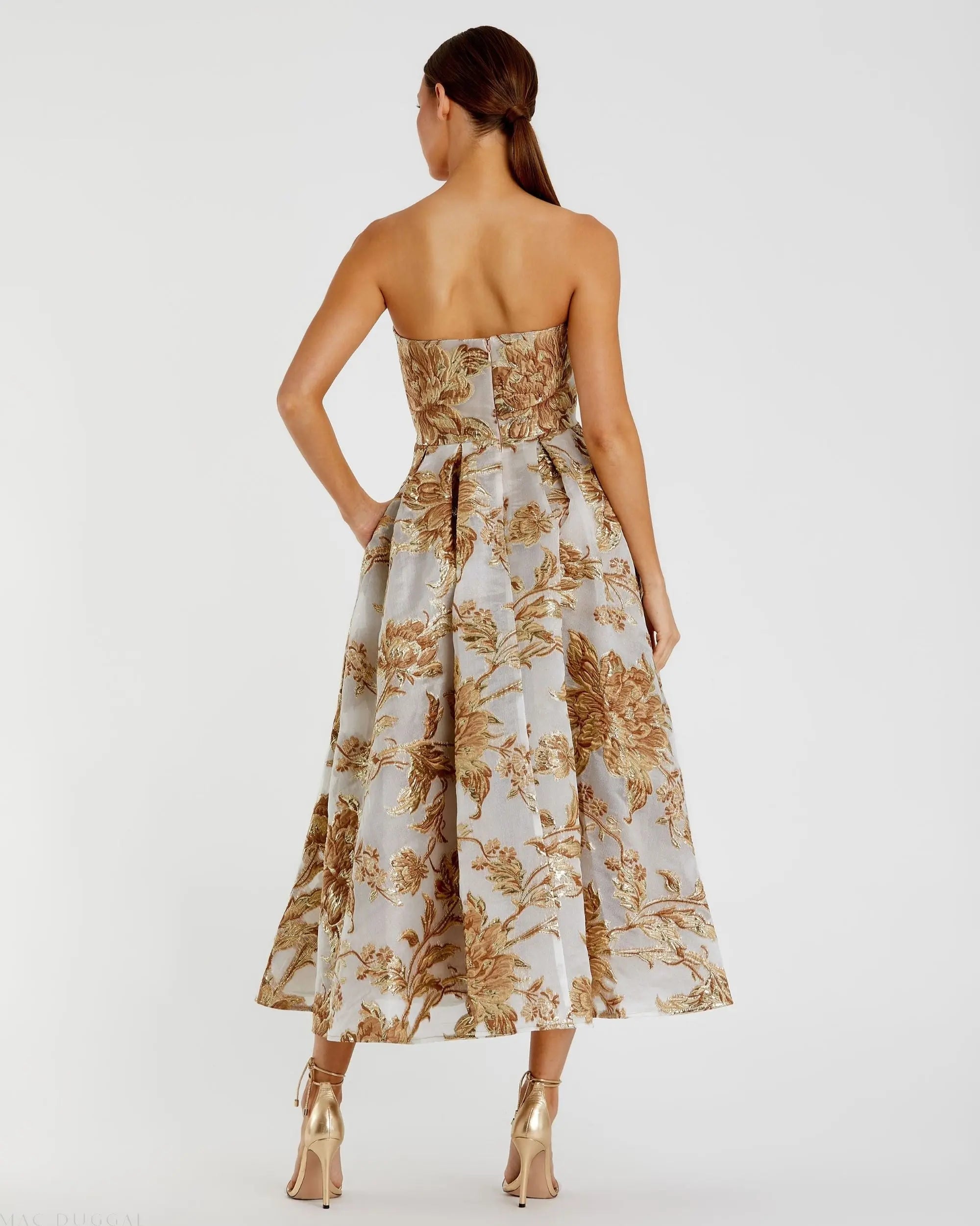 Gold Strapless Brocade Midi Dress with Pockets-Myartka