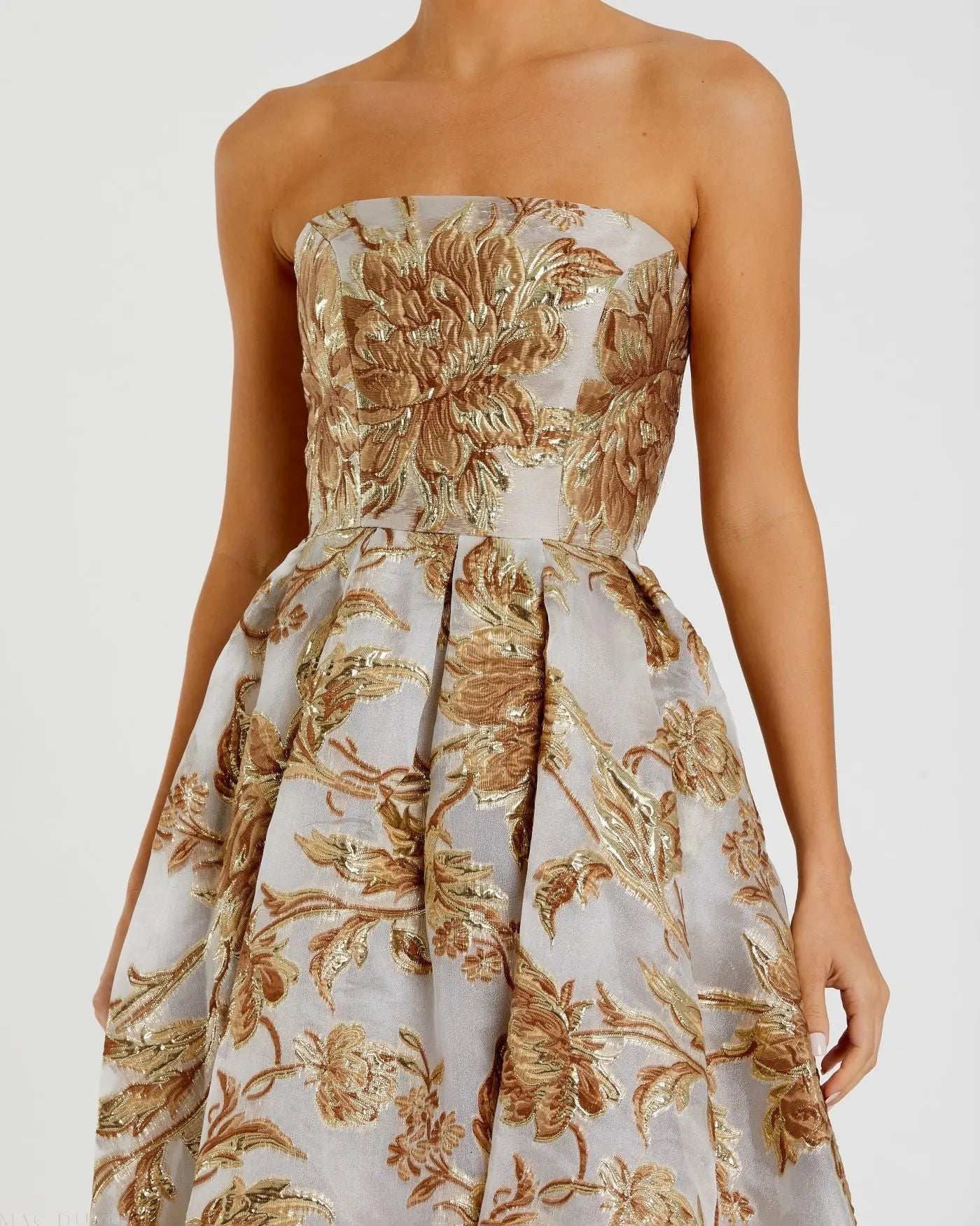 Gold Strapless Brocade Midi Dress with Pockets-Myartka