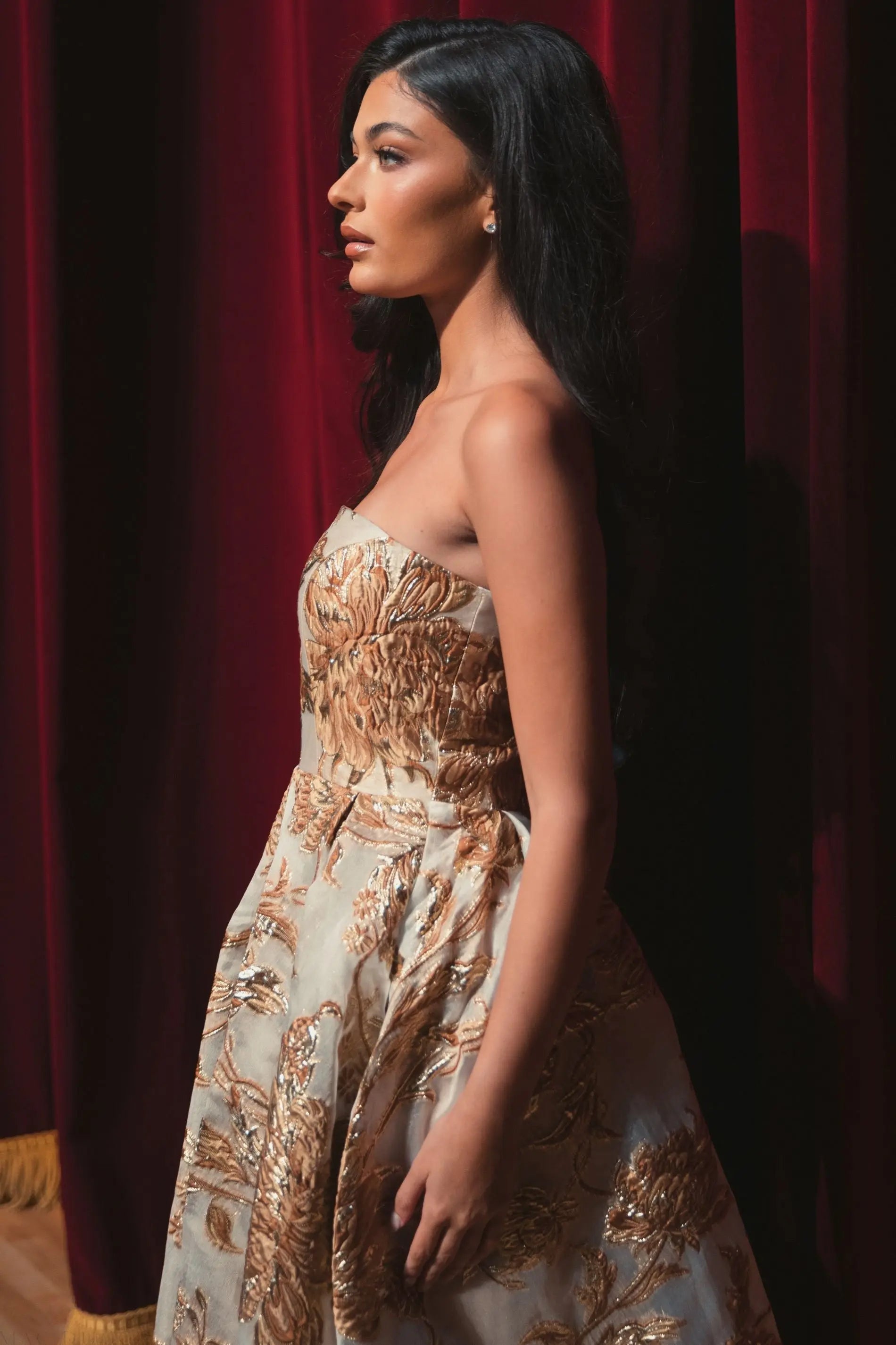 Gold Strapless Brocade Midi Dress with Pockets-Myartka