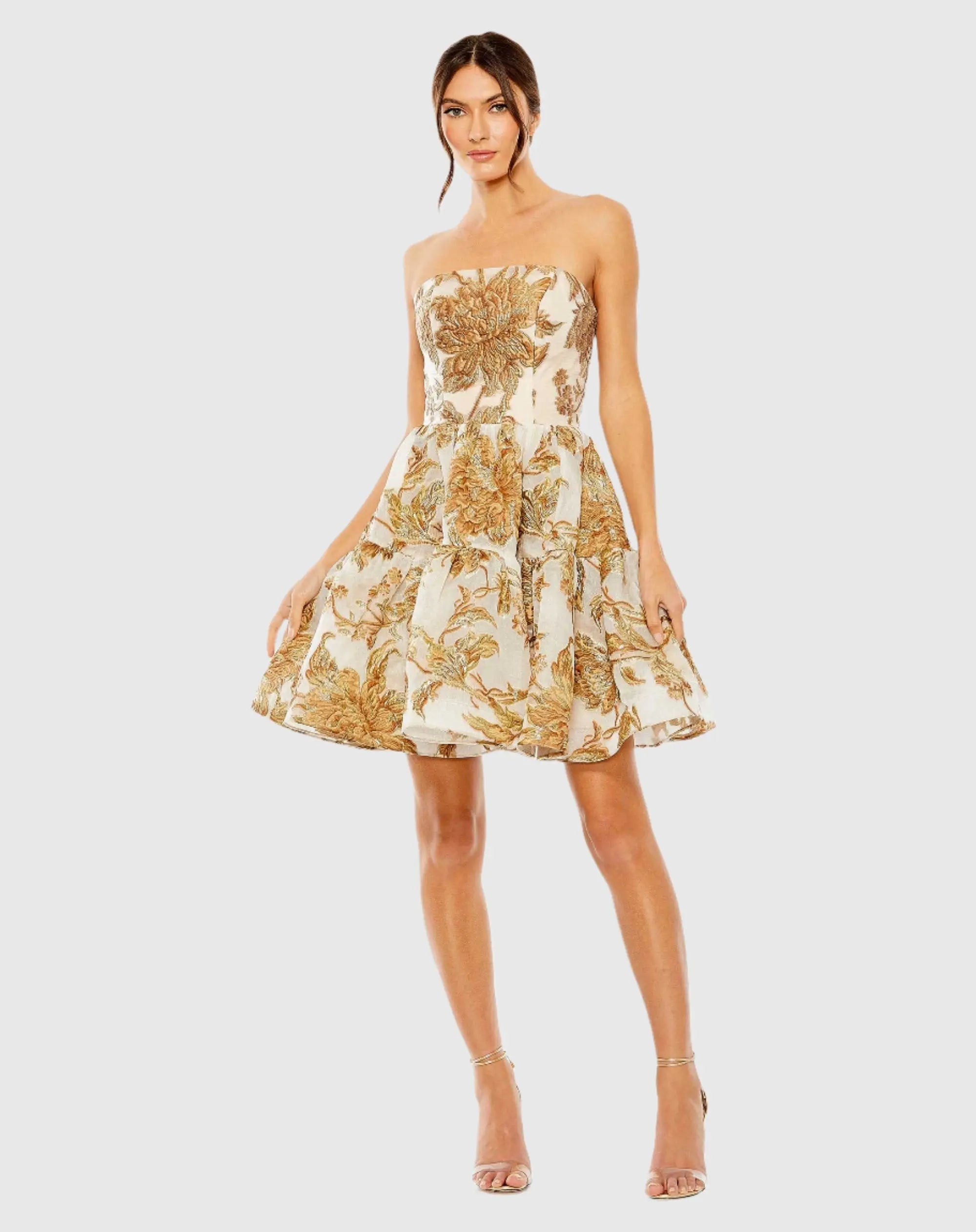 Gold Strapless Brocade Mini Dress with Pockets-Myartka