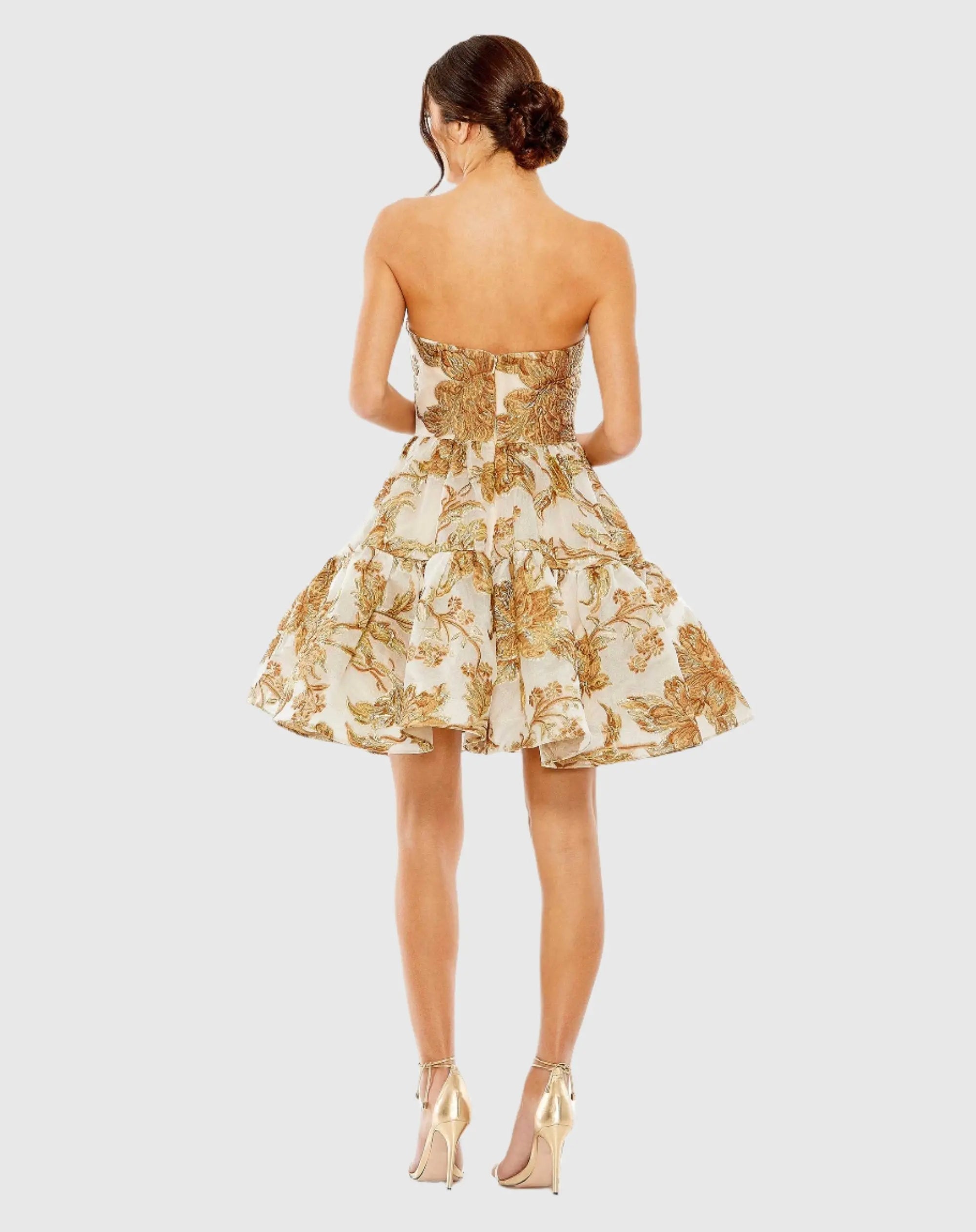 Gold Strapless Brocade Mini Dress with Pockets-Myartka