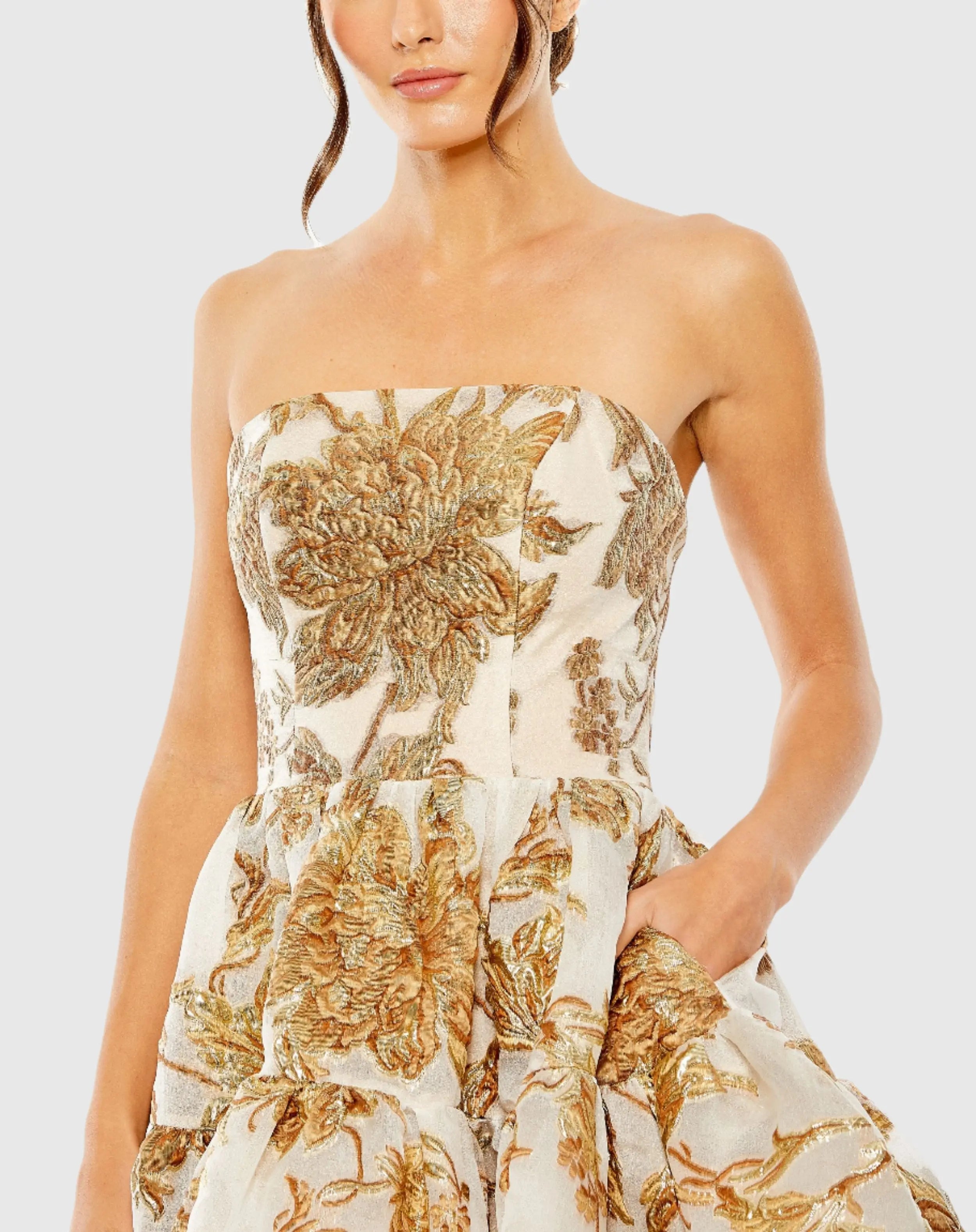 Gold Strapless Brocade Mini Dress with Pockets-Myartka