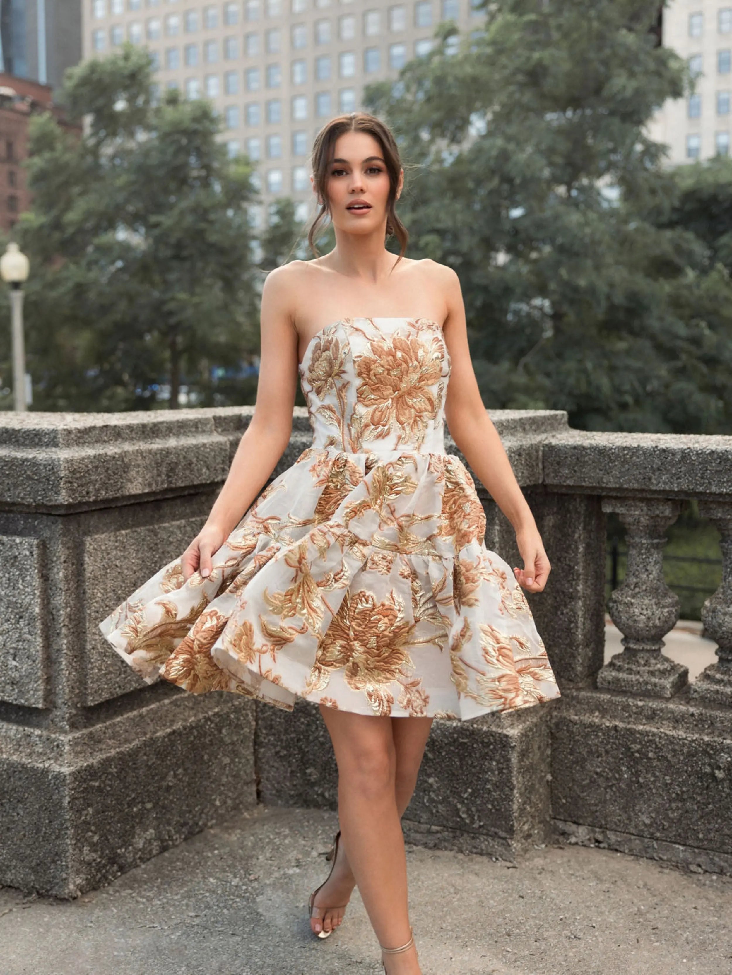 Gold Strapless Brocade Mini Dress with Pockets-Myartka