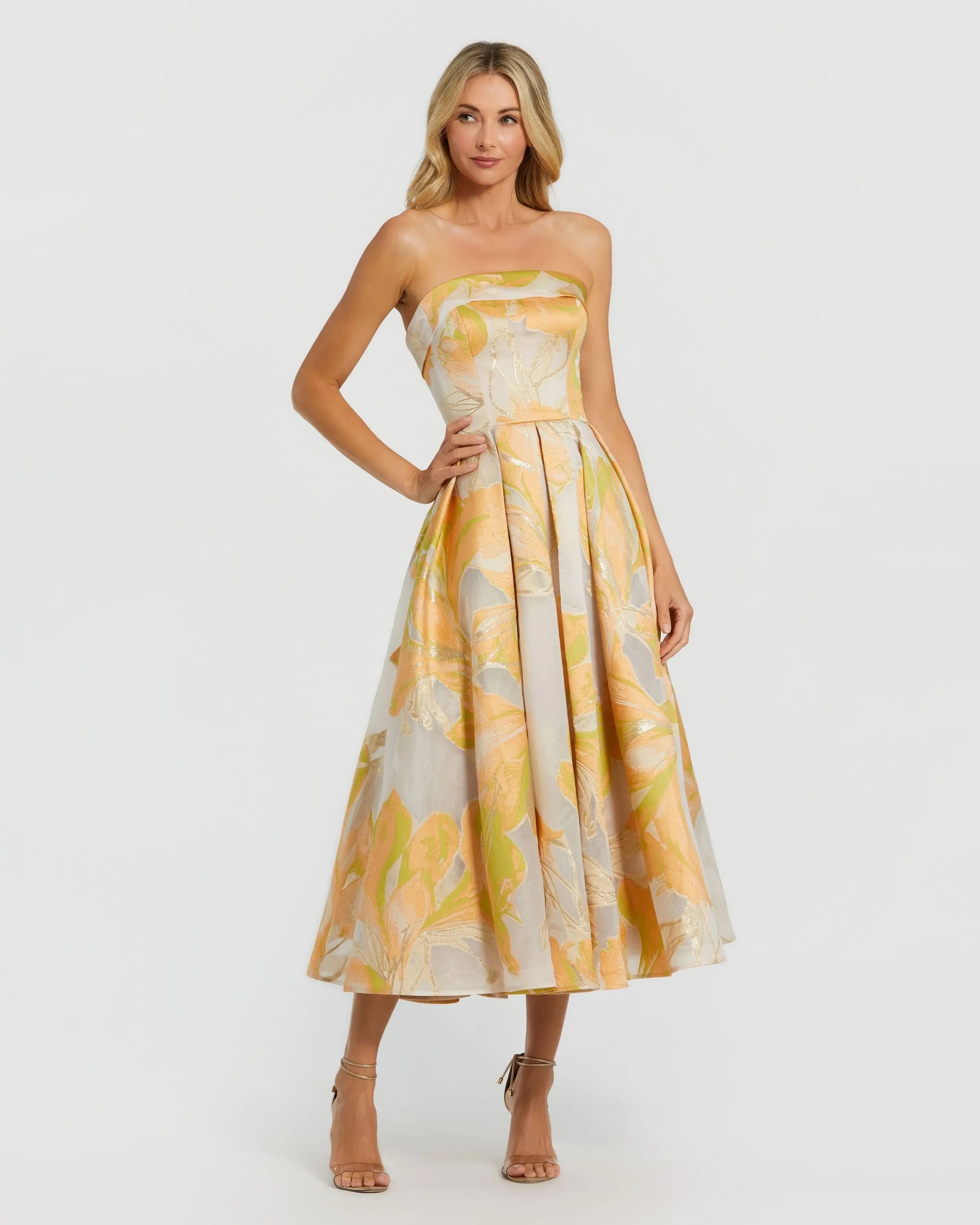 Beige and Orange Strapless Brocade Midi Dress with Pockets-Myartka