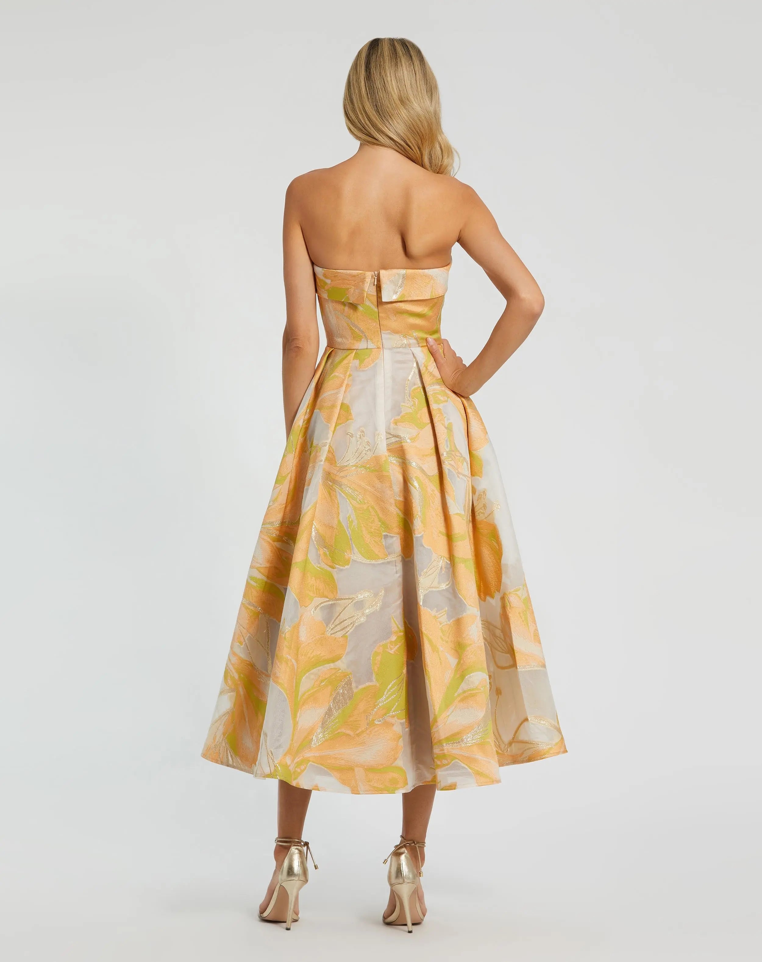 Beige and Orange Strapless Brocade Midi Dress with Pockets-Myartka