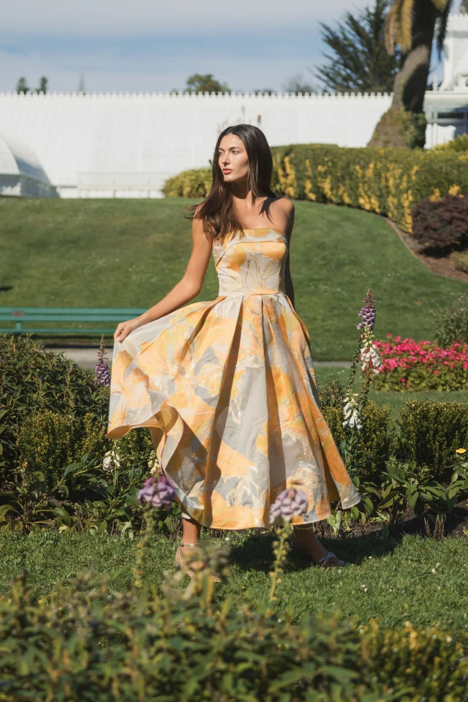 Beige and Orange Strapless Brocade Midi Dress with Pockets-Myartka