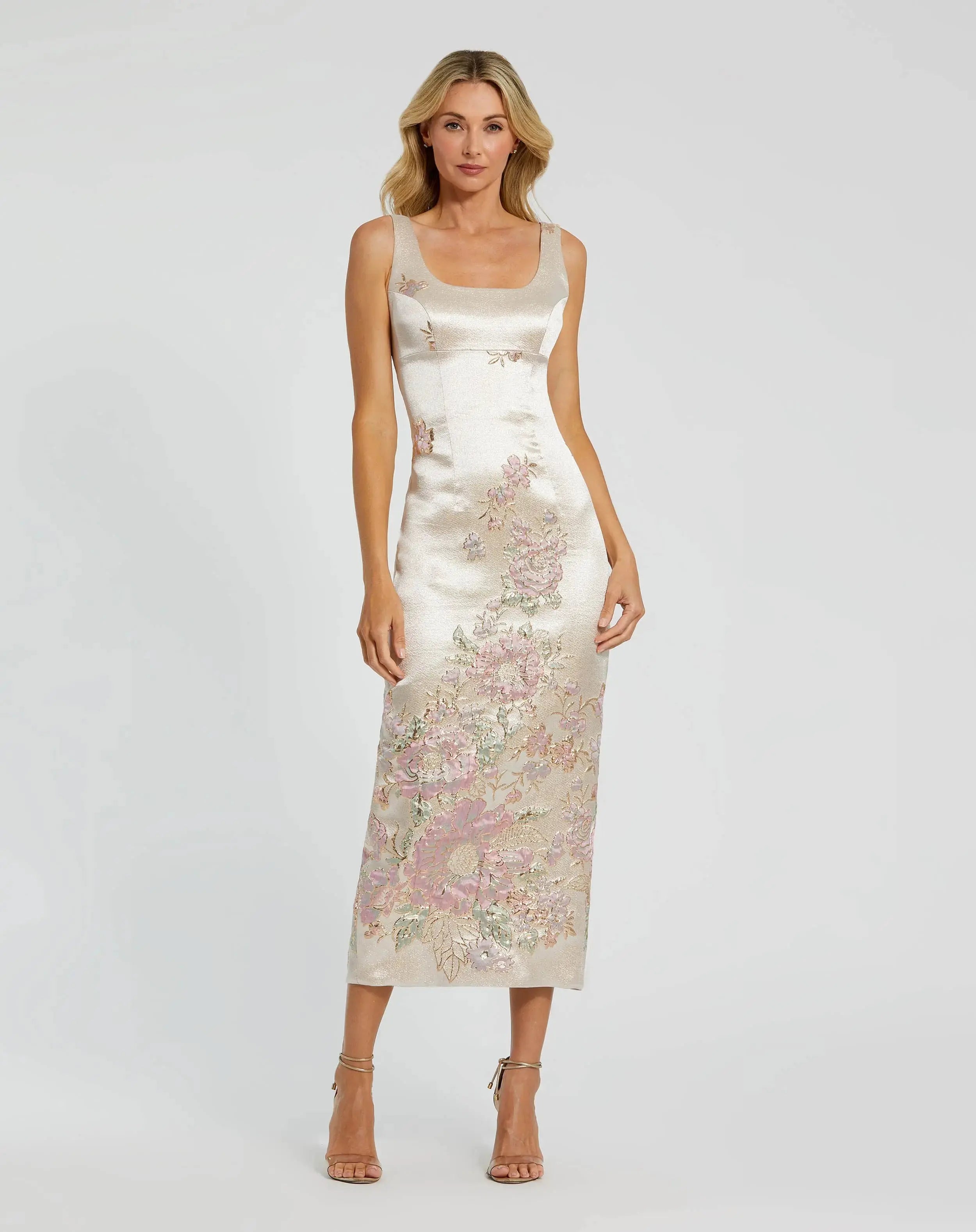Slim Strap Scoop Neck Bustier Brocade Midi Dress-Myartka