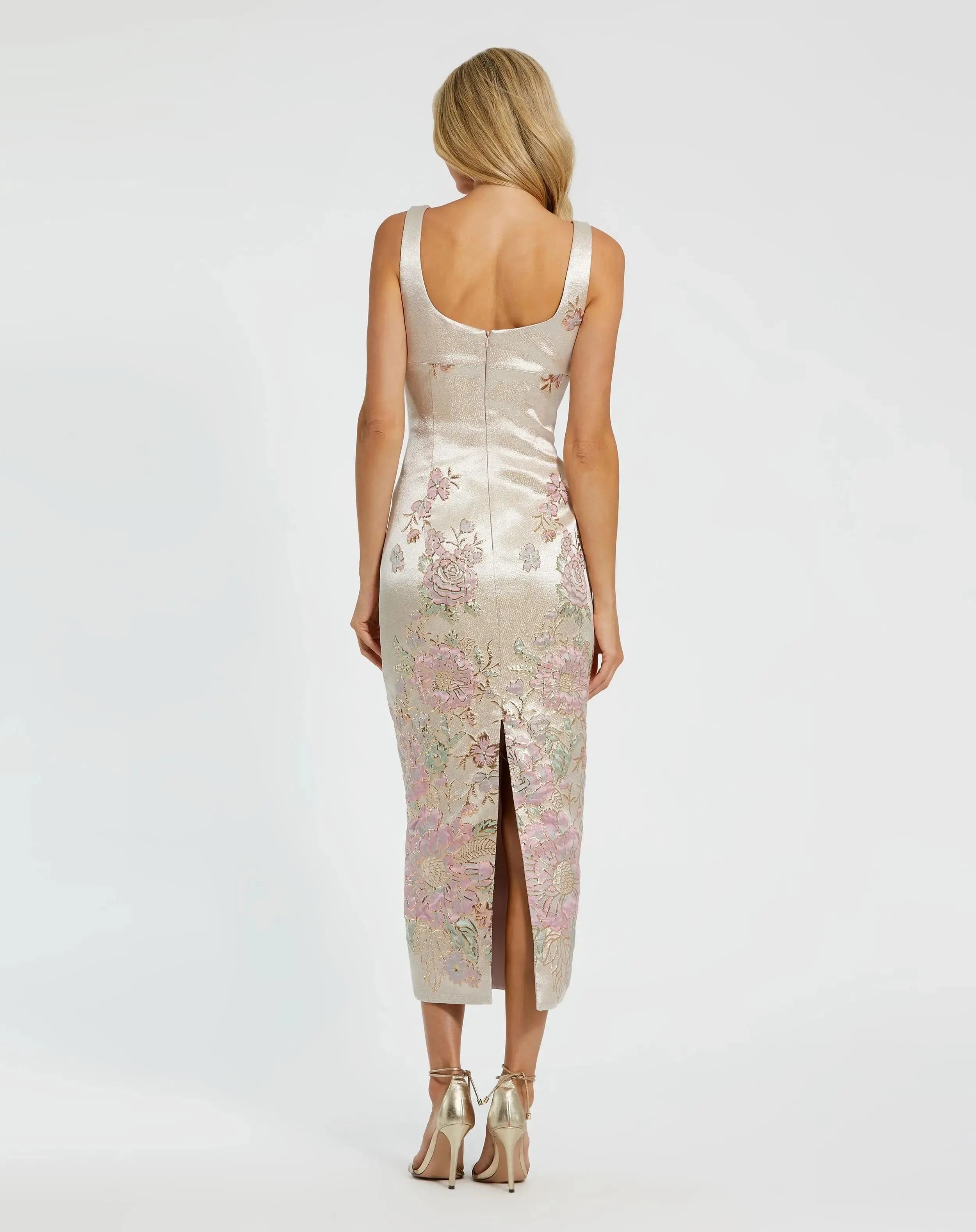 Slim Strap Scoop Neck Bustier Brocade Midi Dress-Myartka