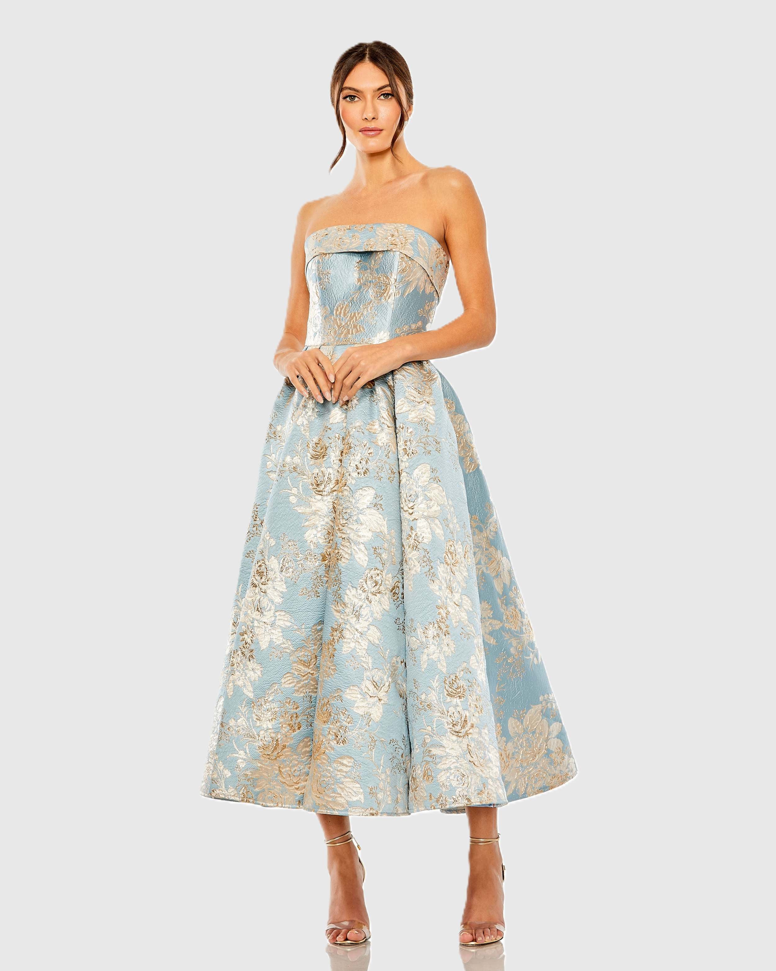 Light Blue Strapless Brocade Midi Dress With Pockets-Myartka