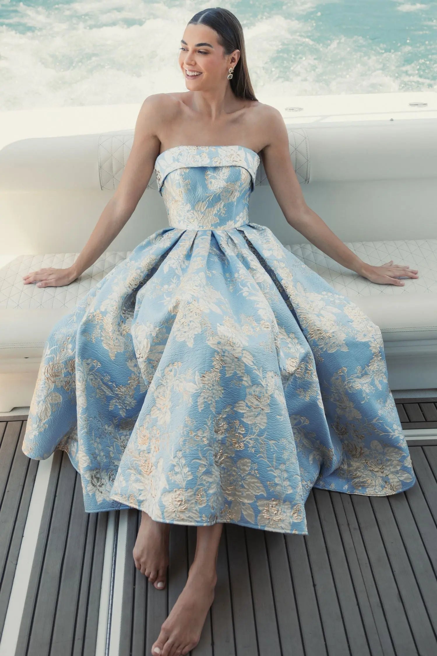 Light Blue Strapless Brocade Midi Dress With Pockets-Myartka