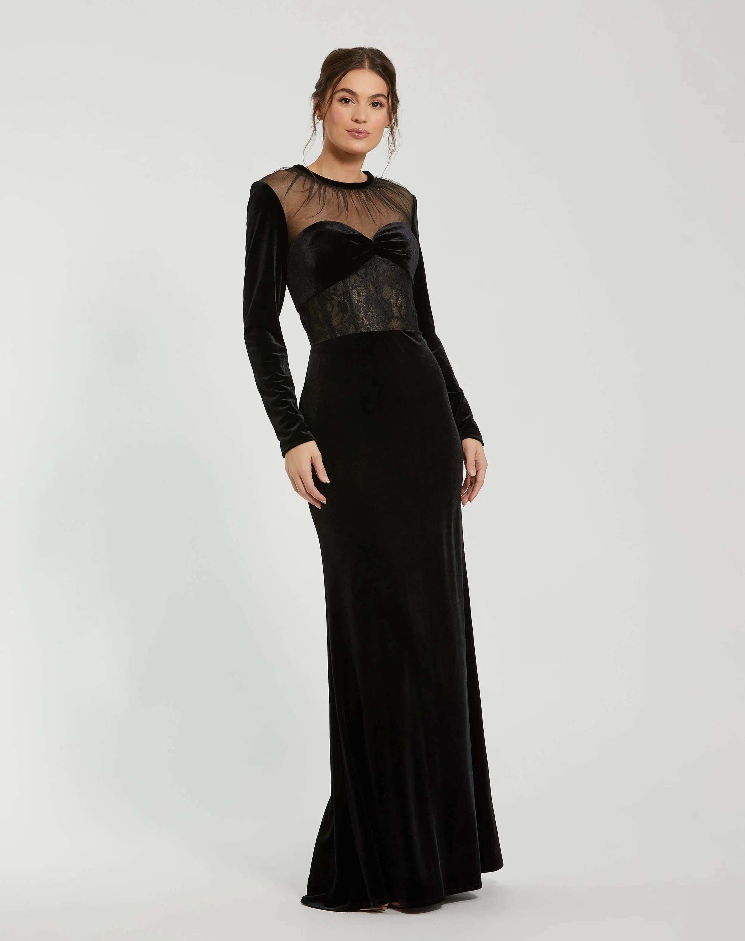 Black Long Sleeve Sheer Top Lace Bustier Velvet Gown-Myartka
