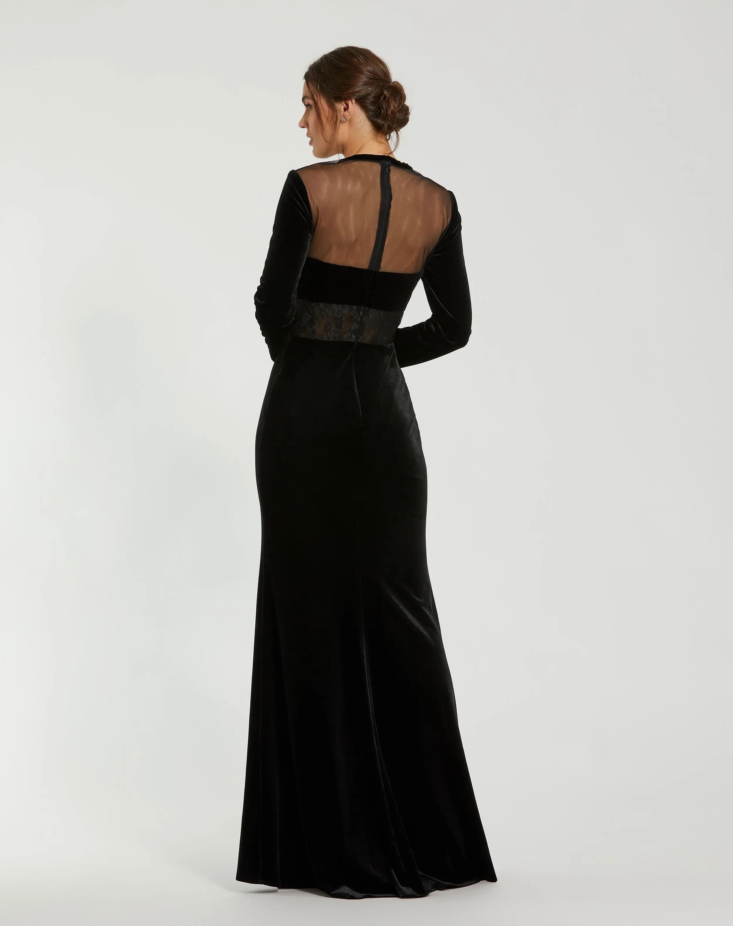 Black Long Sleeve Sheer Top Lace Bustier Velvet Gown-Myartka