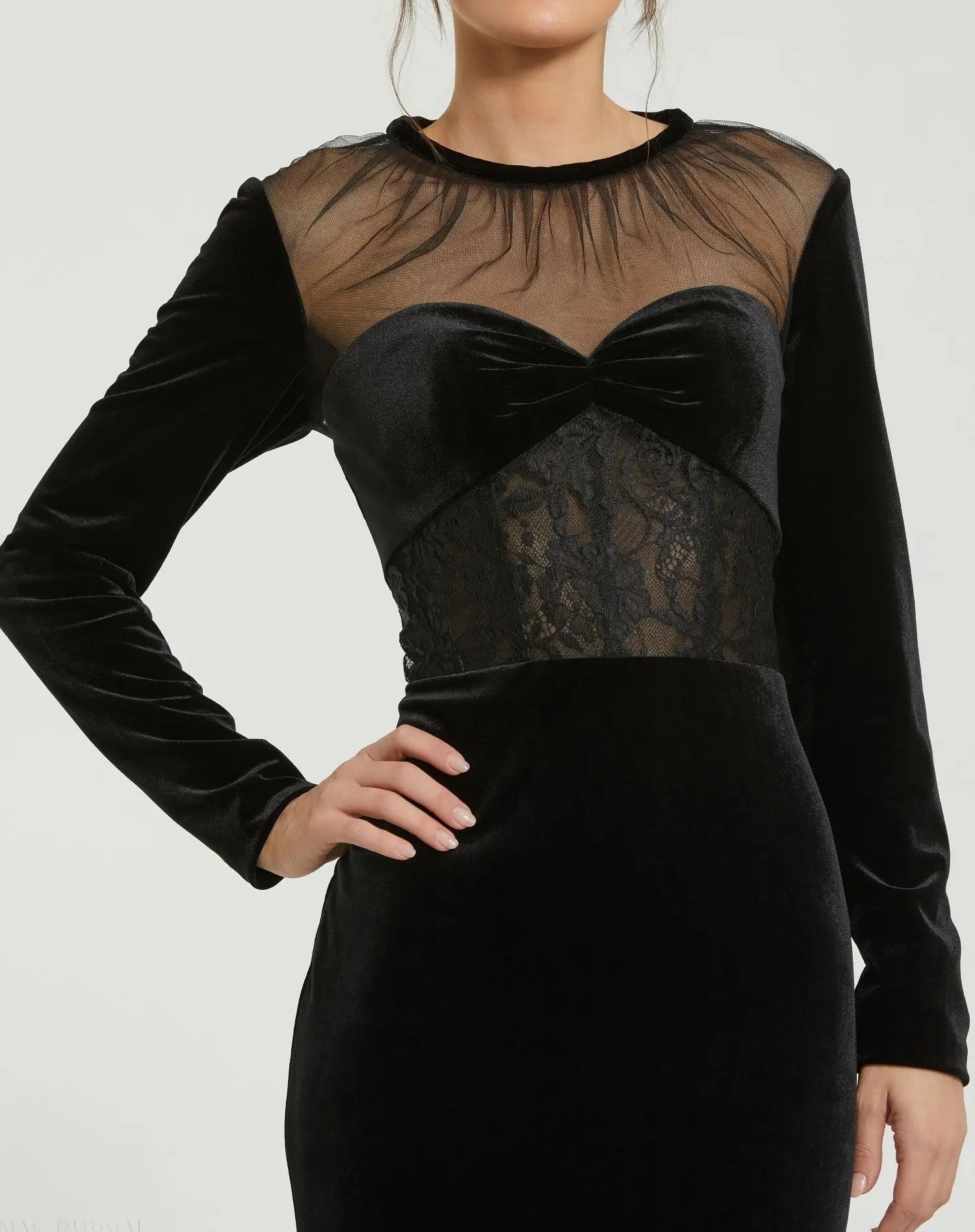 Black Long Sleeve Sheer Top Lace Bustier Velvet Gown-Myartka