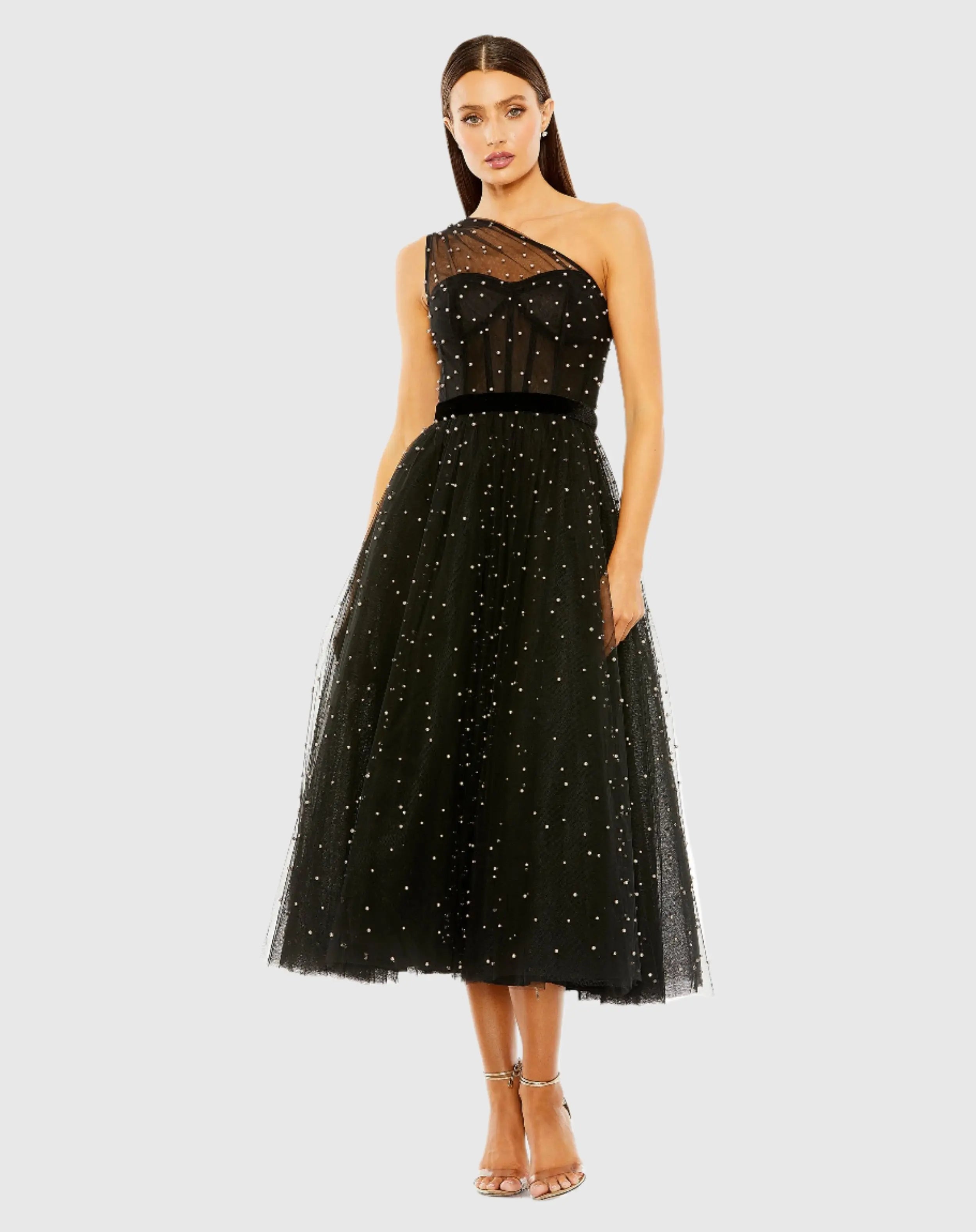 Black One Shoulder Pearl Beaded Midi Ball Gown-Myartka