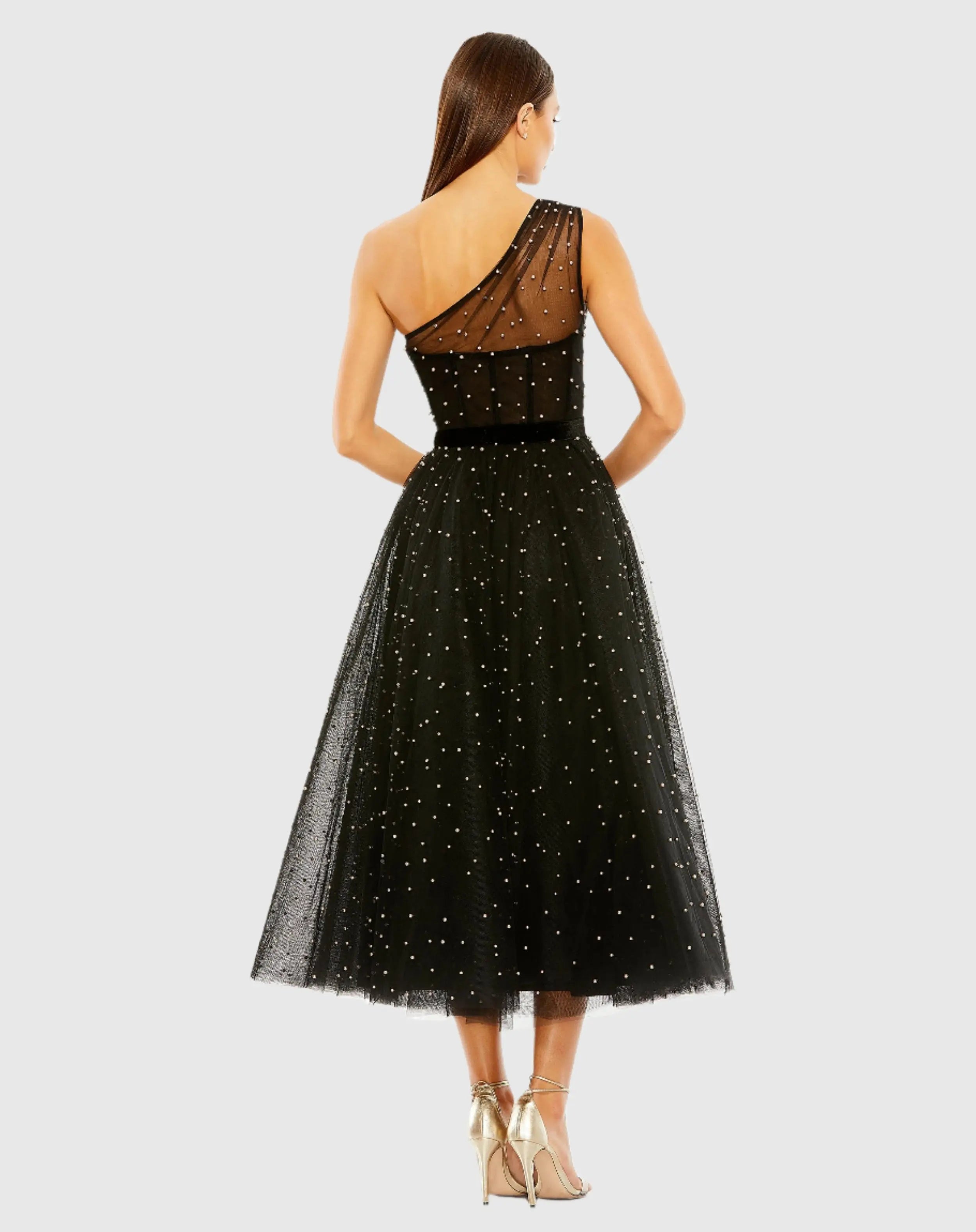 Black One Shoulder Pearl Beaded Midi Ball Gown-Myartka