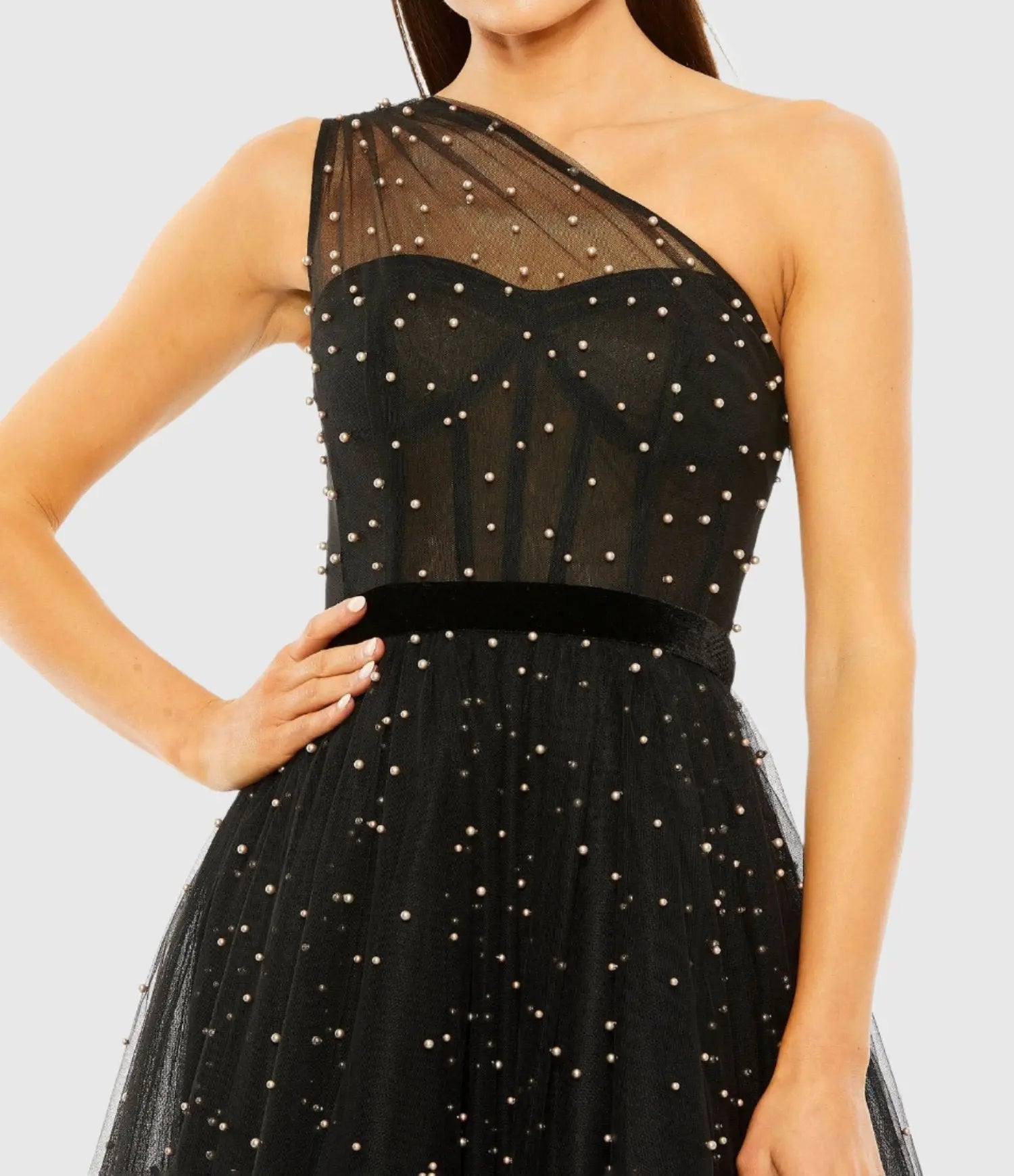 Black One Shoulder Pearl Beaded Midi Ball Gown-Myartka