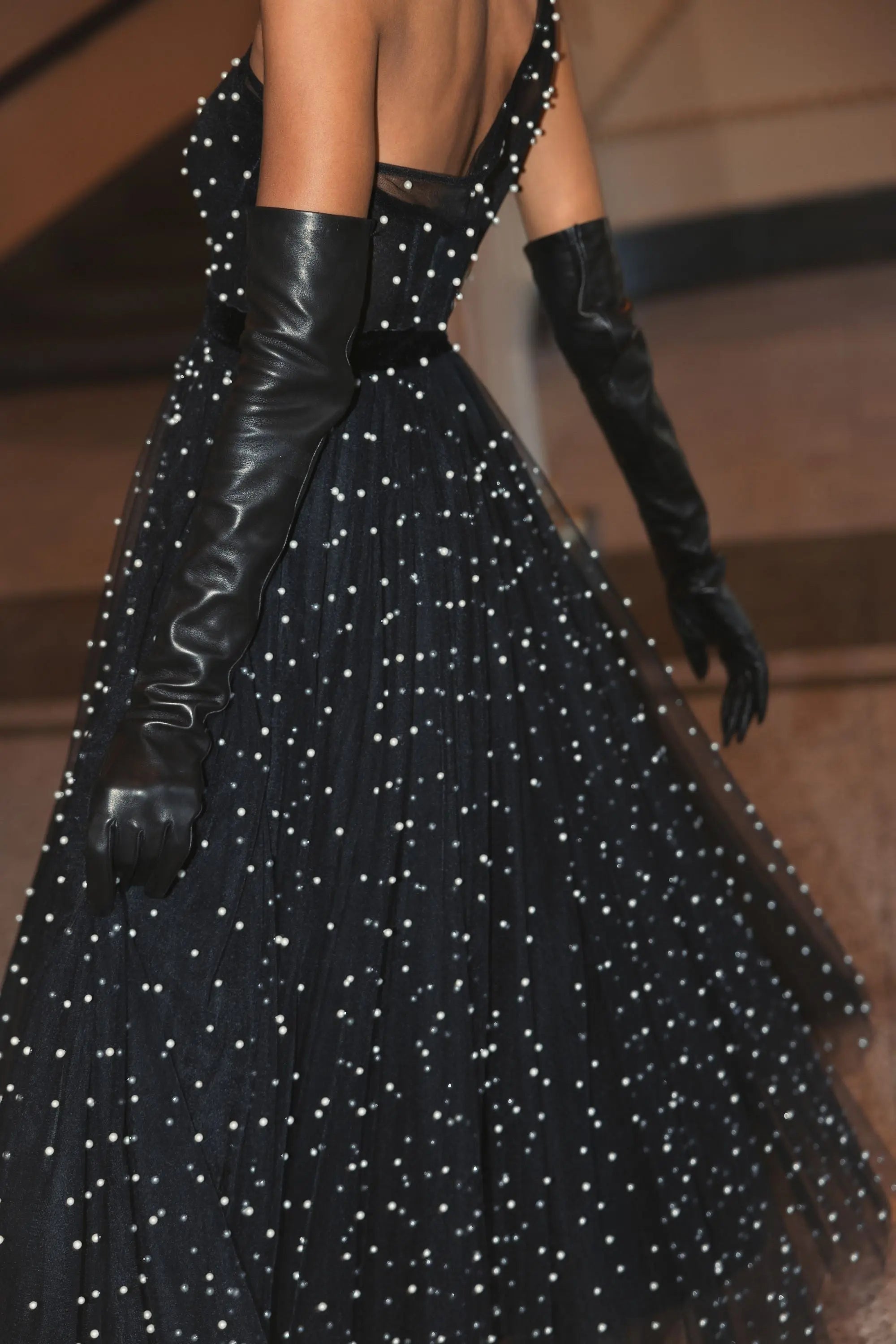 Black One Shoulder Pearl Beaded Midi Ball Gown-Myartka