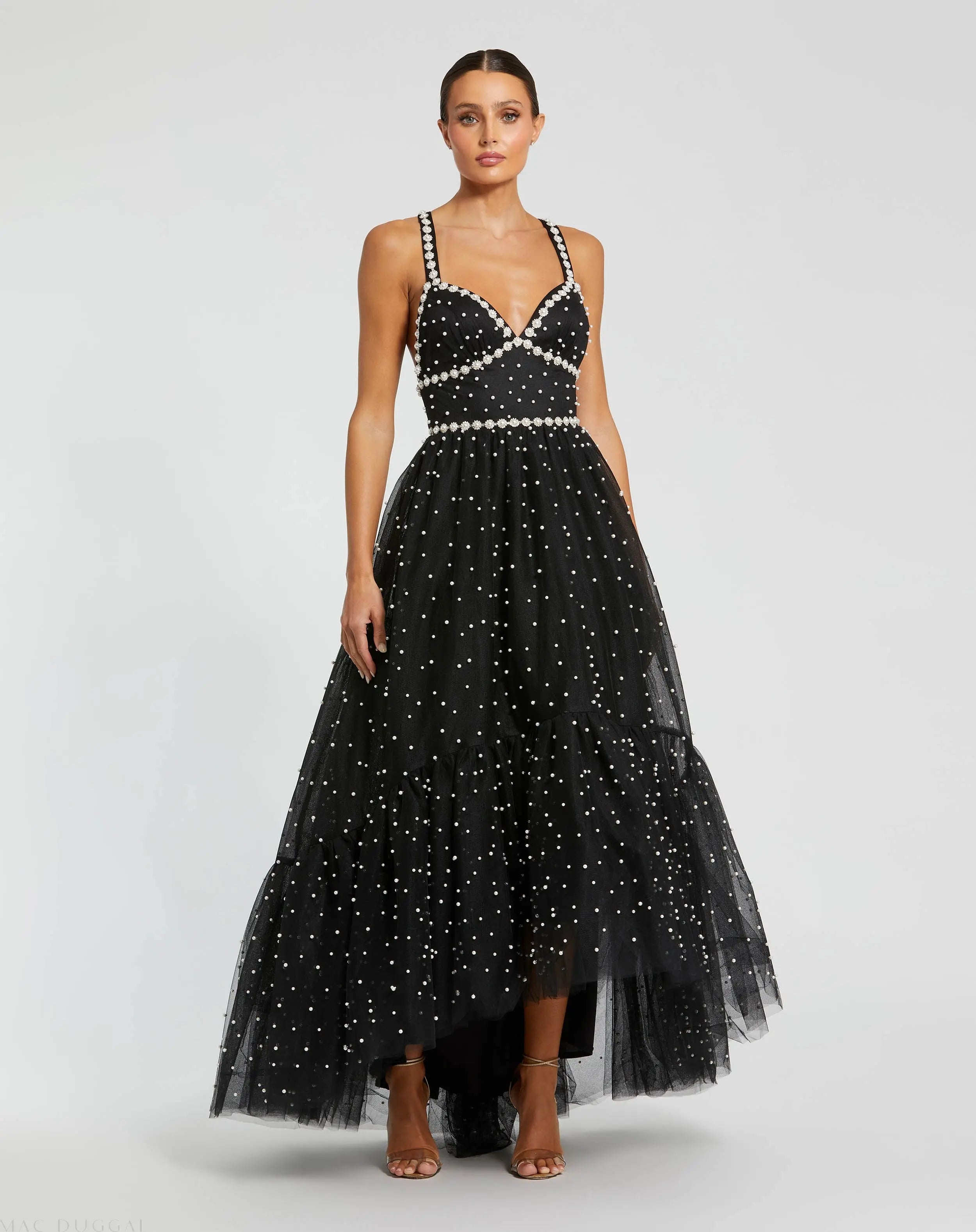 Black Pearl Beaded High Low Gown-Myartka
