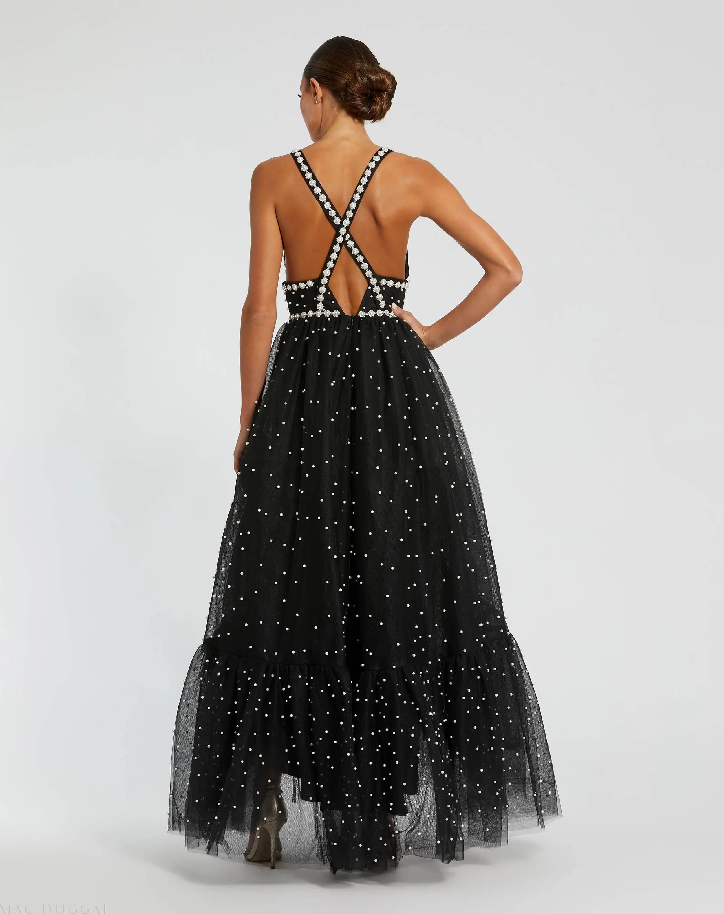 Black Pearl Beaded High Low Gown-Myartka