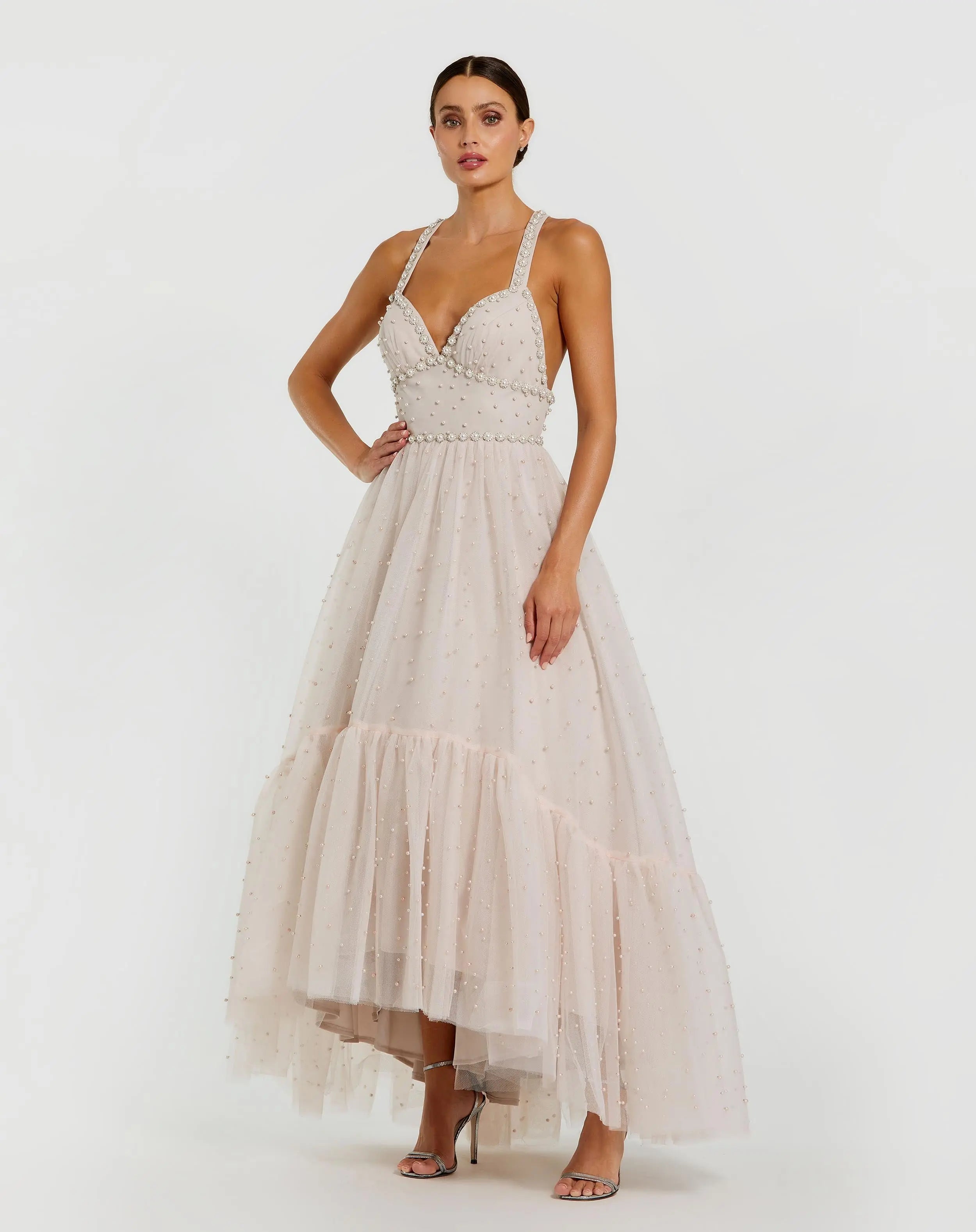 Light Pink Pearl Beaded High Low Gown-Myartka