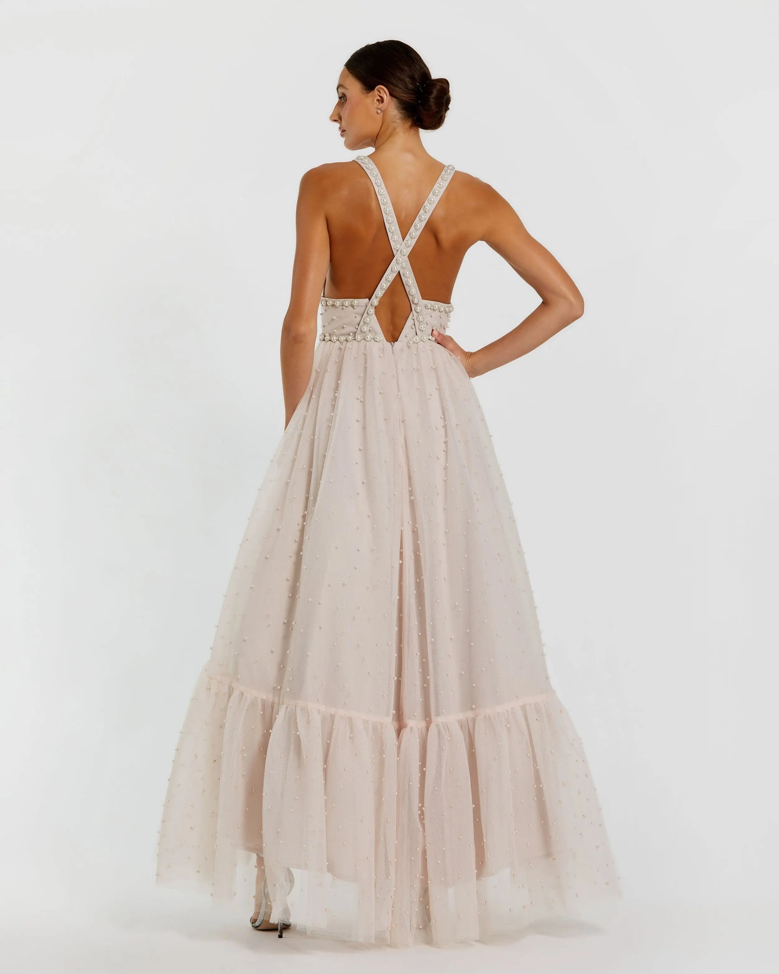 Light Pink Pearl Beaded High Low Gown-Myartka