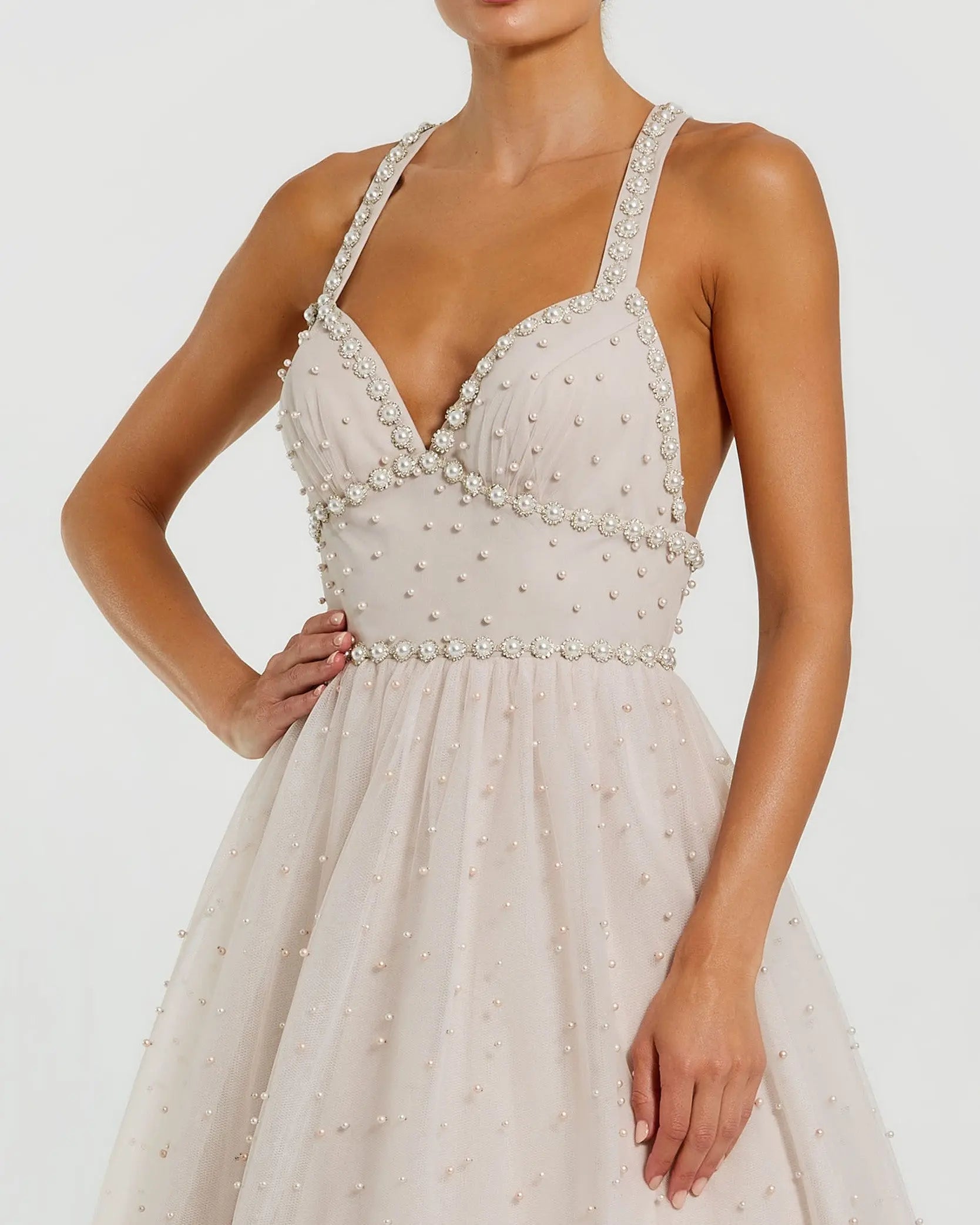Light Pink Pearl Beaded High Low Gown-Myartka
