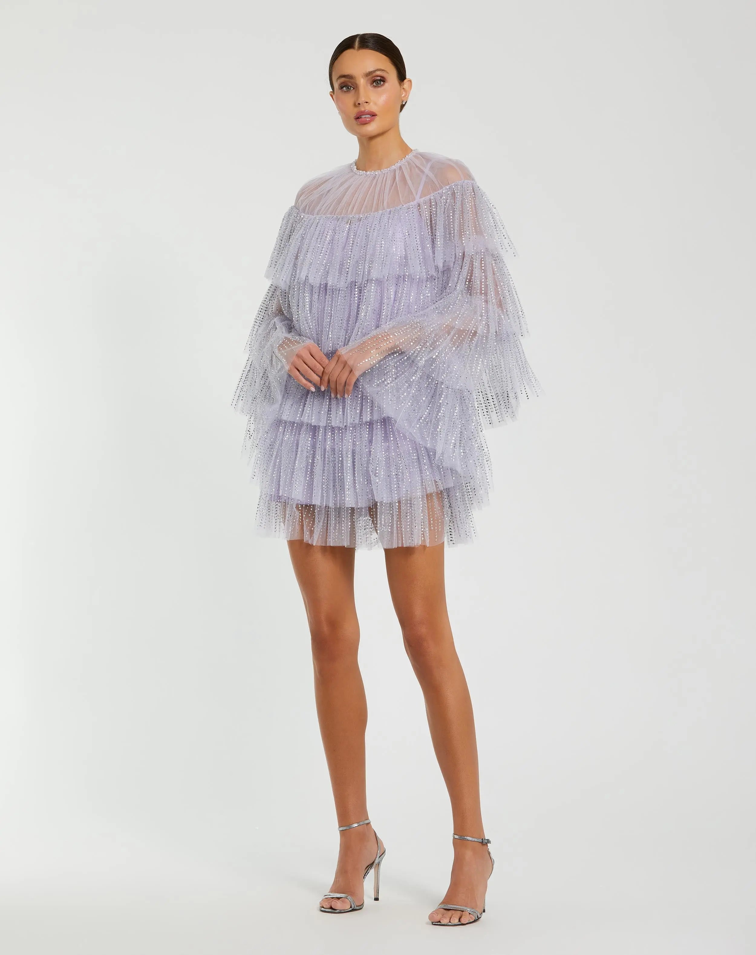 Purple Embellished High Neck Ruffle Mini Dress-Myartka