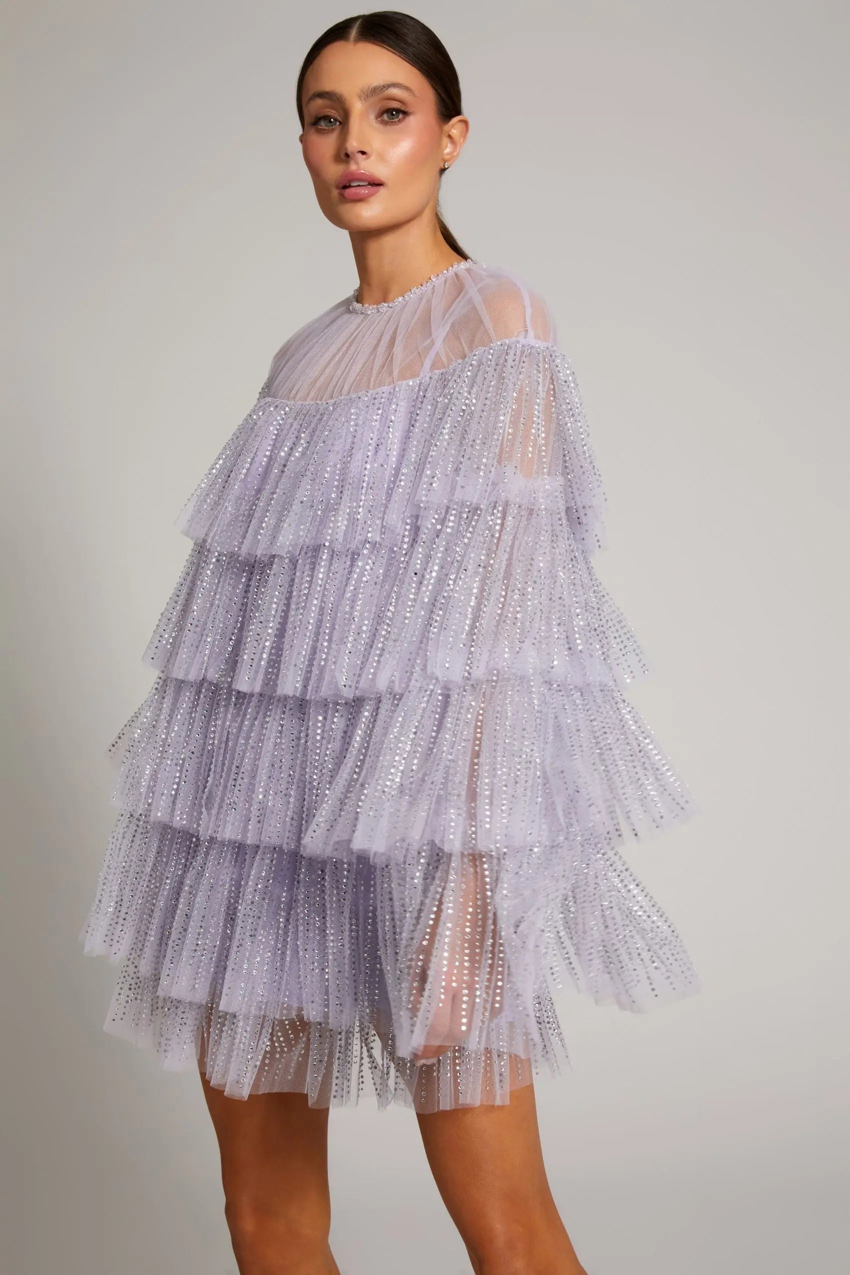 Purple Embellished High Neck Ruffle Mini Dress-Myartka