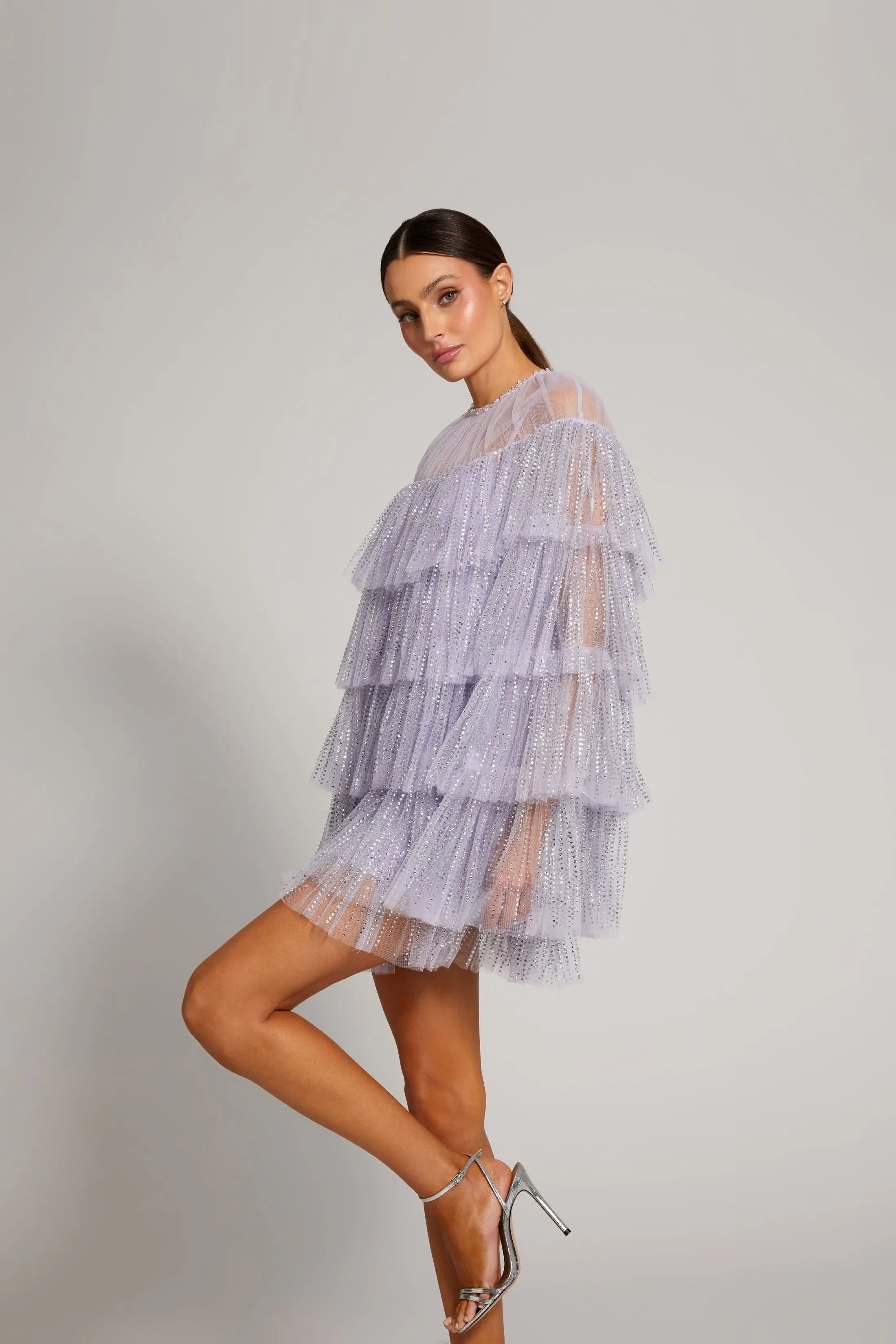 Purple Embellished High Neck Ruffle Mini Dress-Myartka