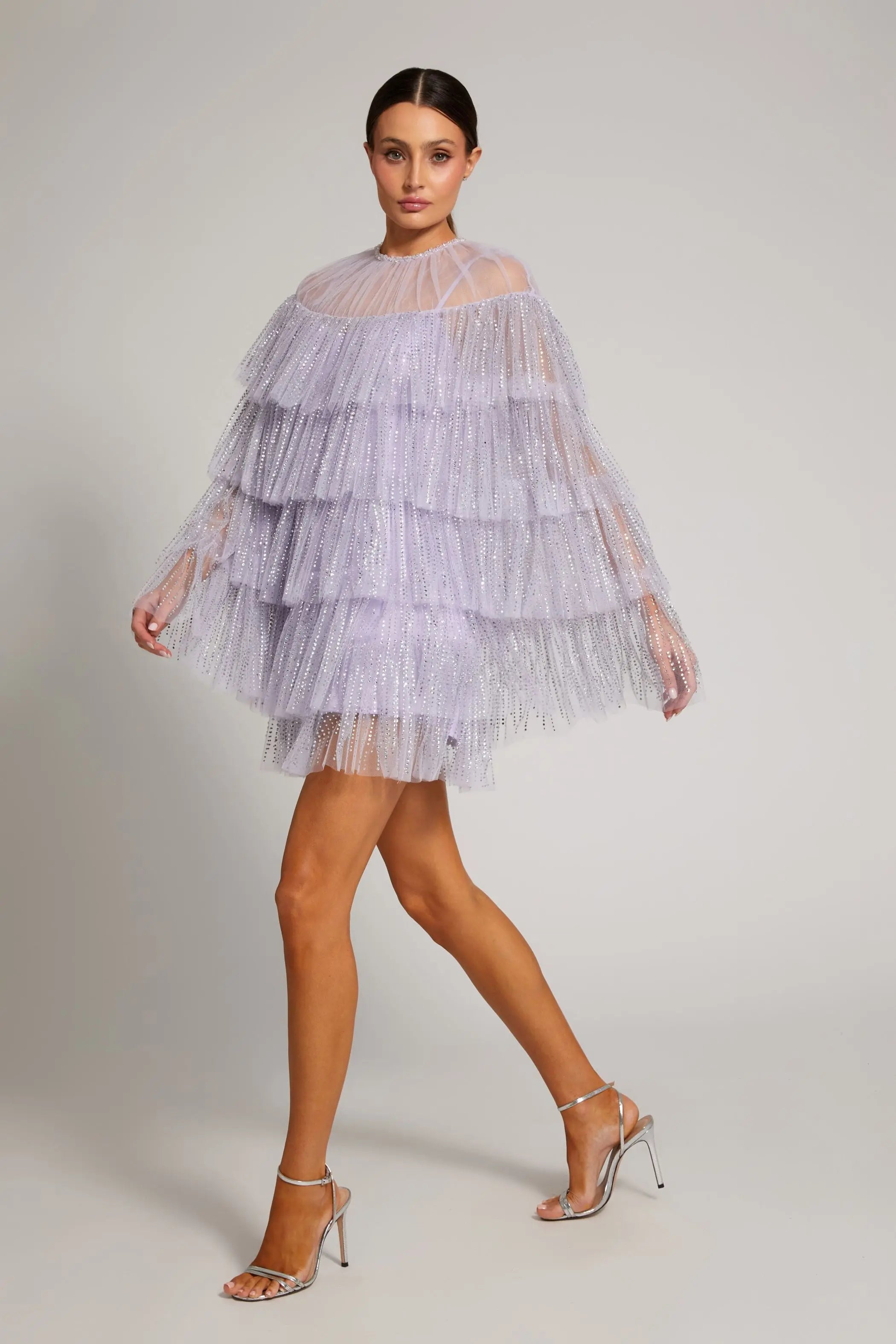 Purple Embellished High Neck Ruffle Mini Dress-Myartka