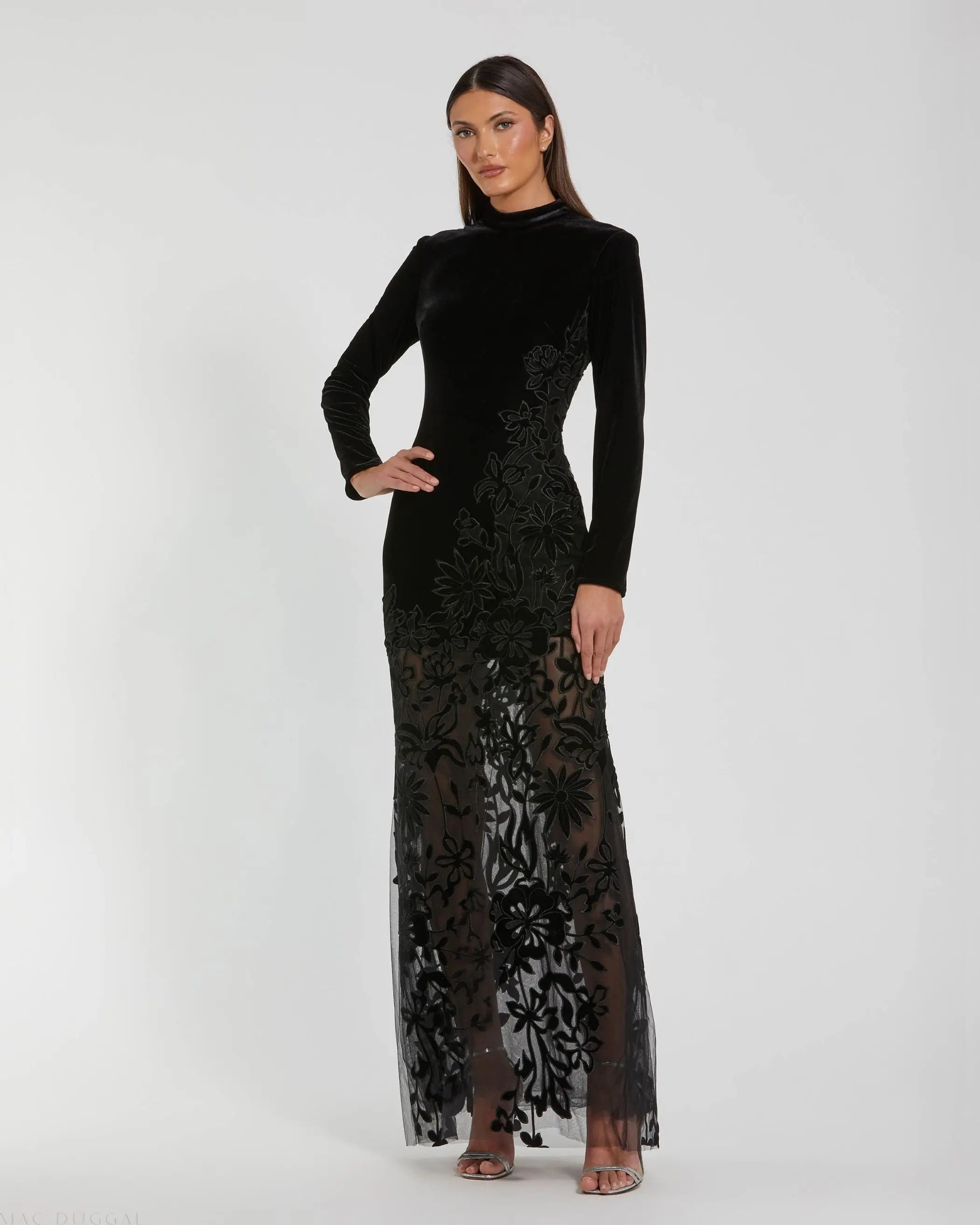 Black Long Sleeve Sheer Floral Embroidered Velvet Gown-Myartka