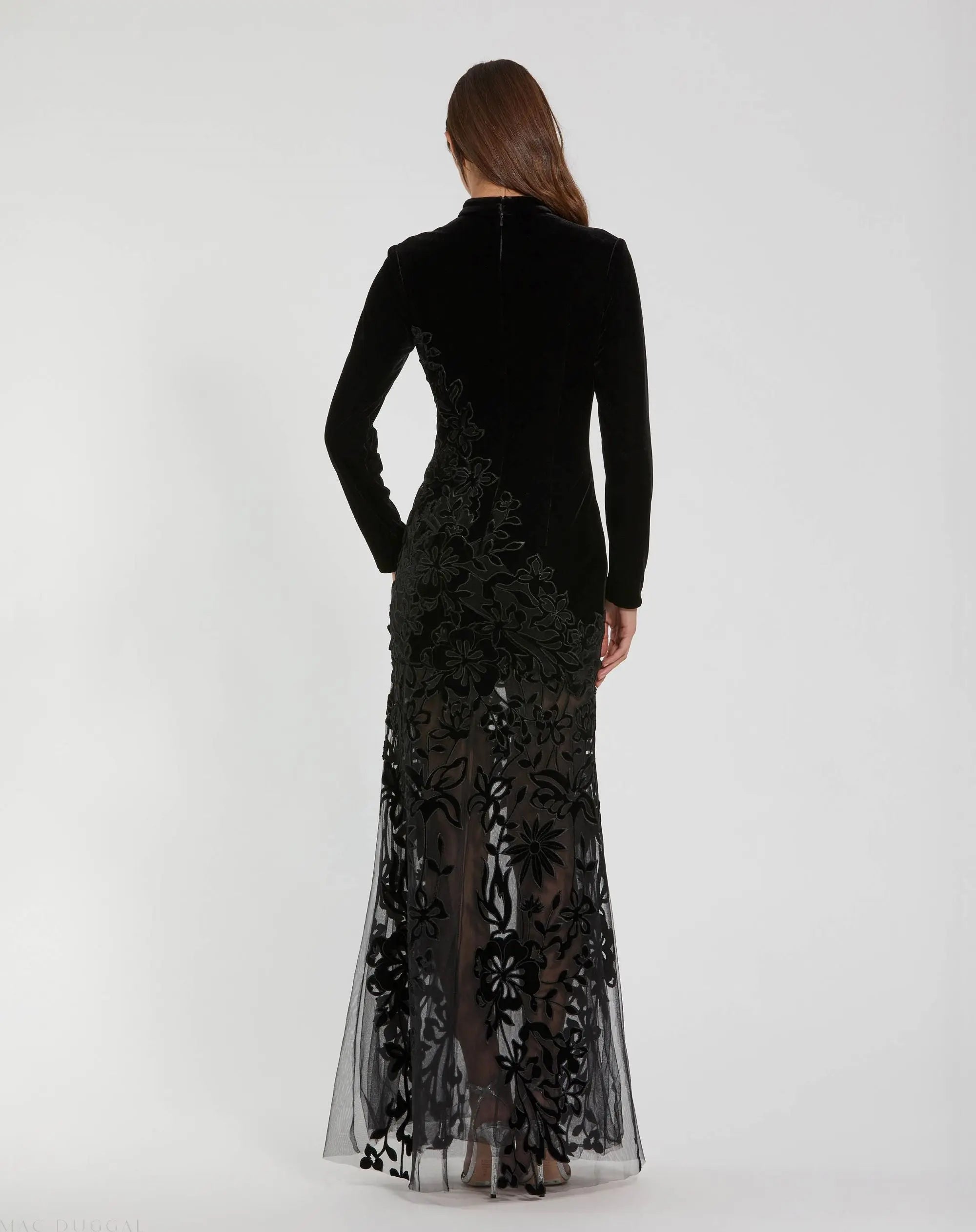 Black Long Sleeve Sheer Floral Embroidered Velvet Gown-Myartka